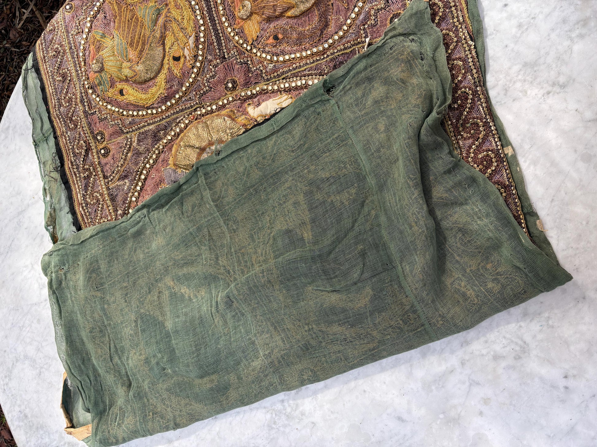 Large Antique Burmese Kalaga Tapestry – Hand-Embroidered Beaded Wall Hanging – Gold Silver Thread Dragon & Peacock – 19th/20th Century