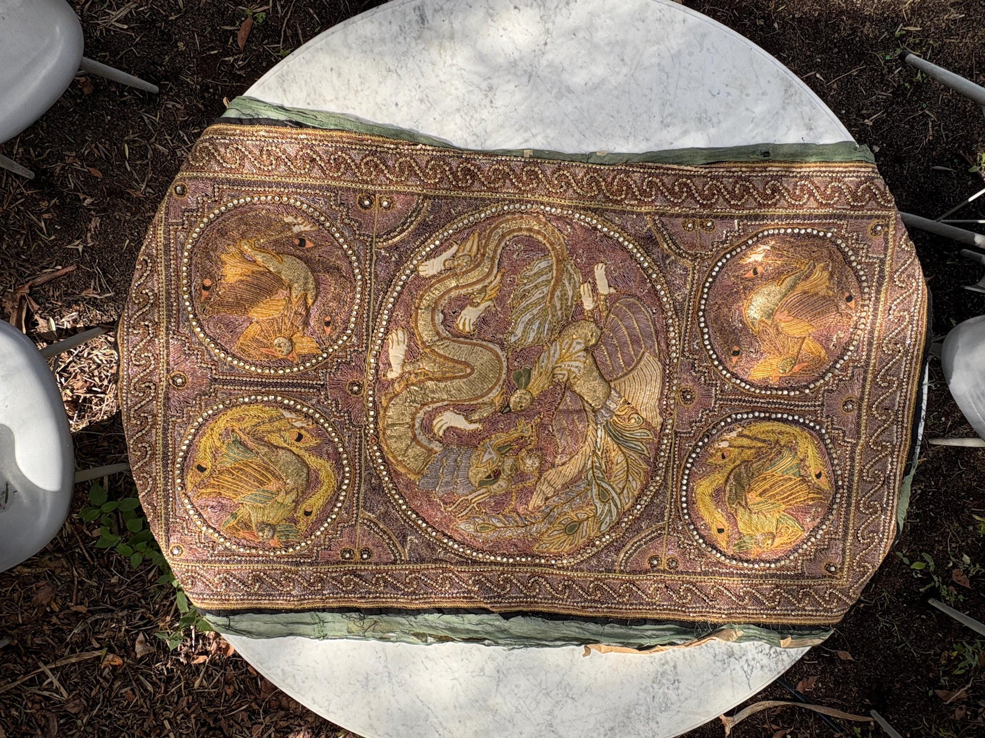 Large Antique Burmese Kalaga Tapestry – Hand-Embroidered Beaded Wall Hanging – Gold Silver Thread Dragon & Peacock – 19th/20th Century