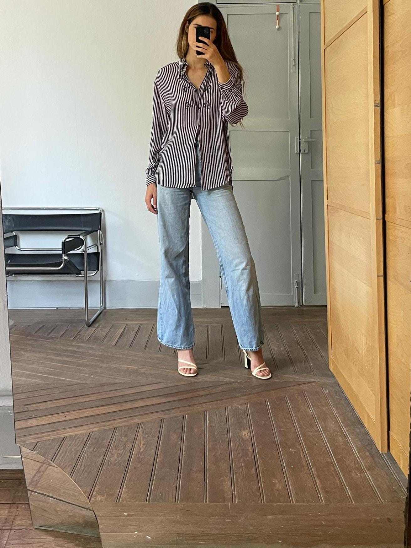 Vintage 100 % pure silk striped woman blouse, True treasure long sleeve feminine shirt, Retro embroidered draping shirt