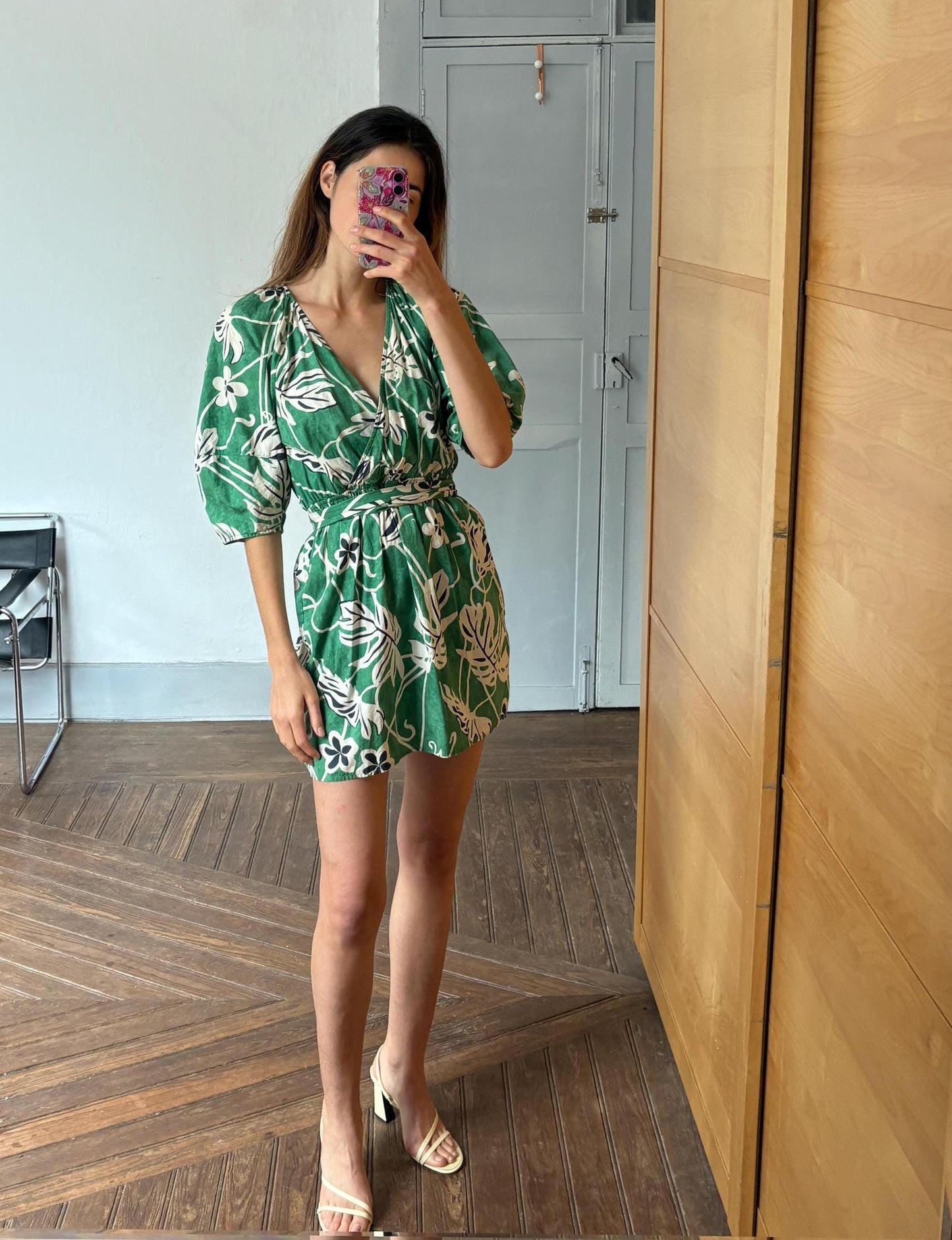 Vintage Green Floral Cotton Wrap Dress – Puff Sleeves Summer Mini with Tie Waist, Size M