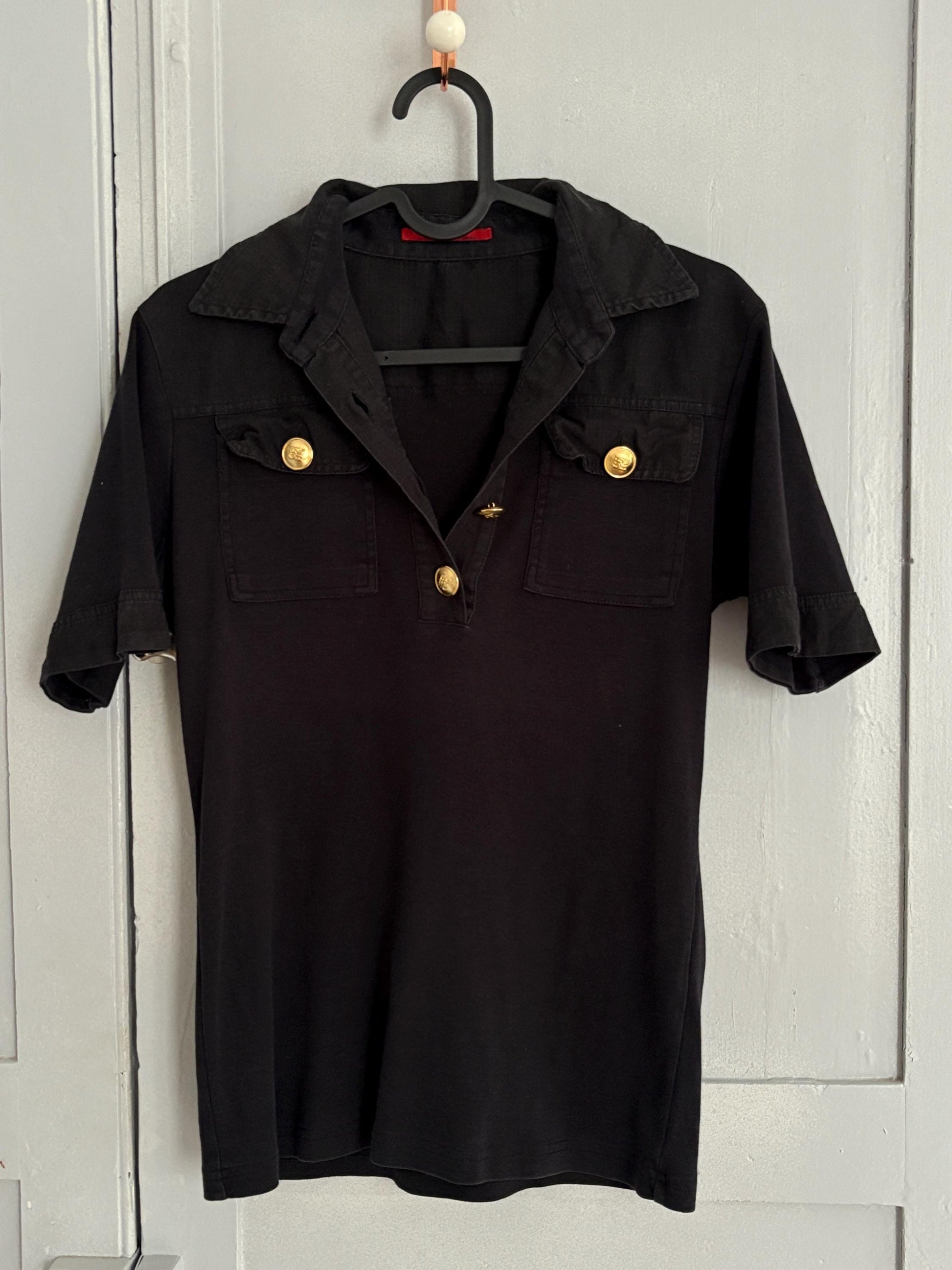 Vintage Carolina Herrera Black Shirt – Gold Button Detail Cotton Polo Style Top Size M