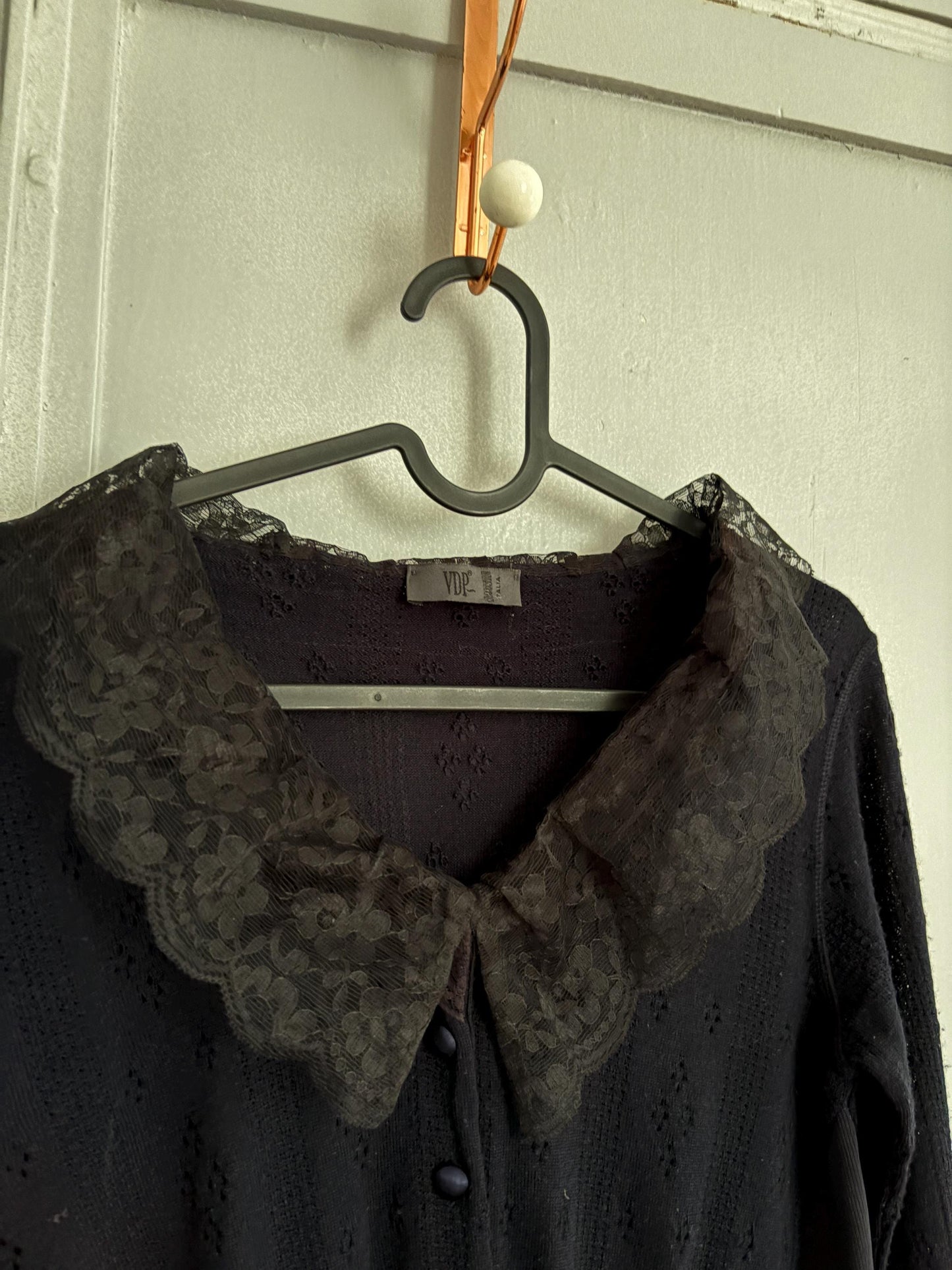 Vintage VDP Dark Blue Romantic Shirt – Long Sleeve Lace Collar Italian Top