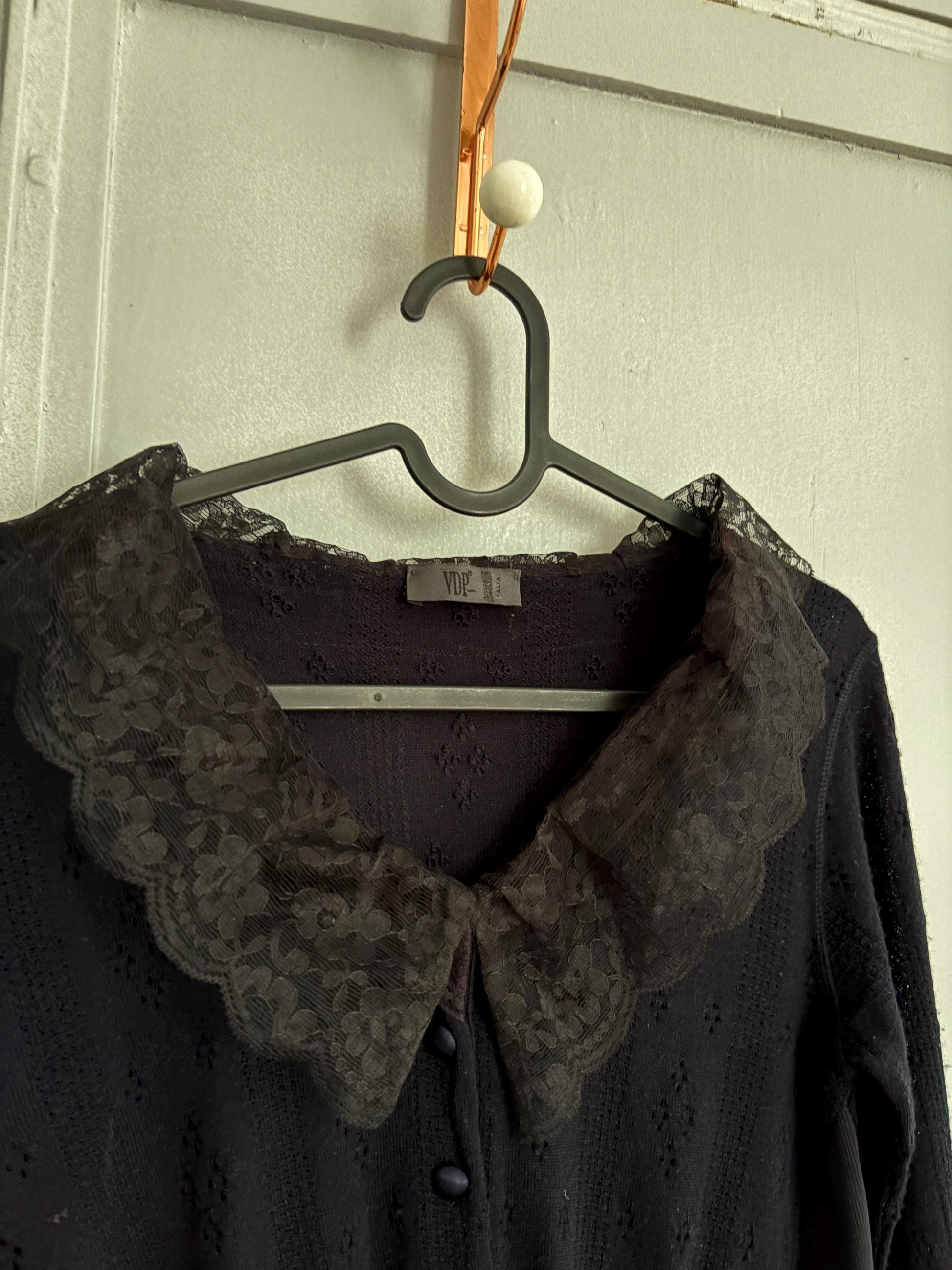 Vintage VDP Dark Blue Romantic Shirt – Long Sleeve Lace Collar Italian Top