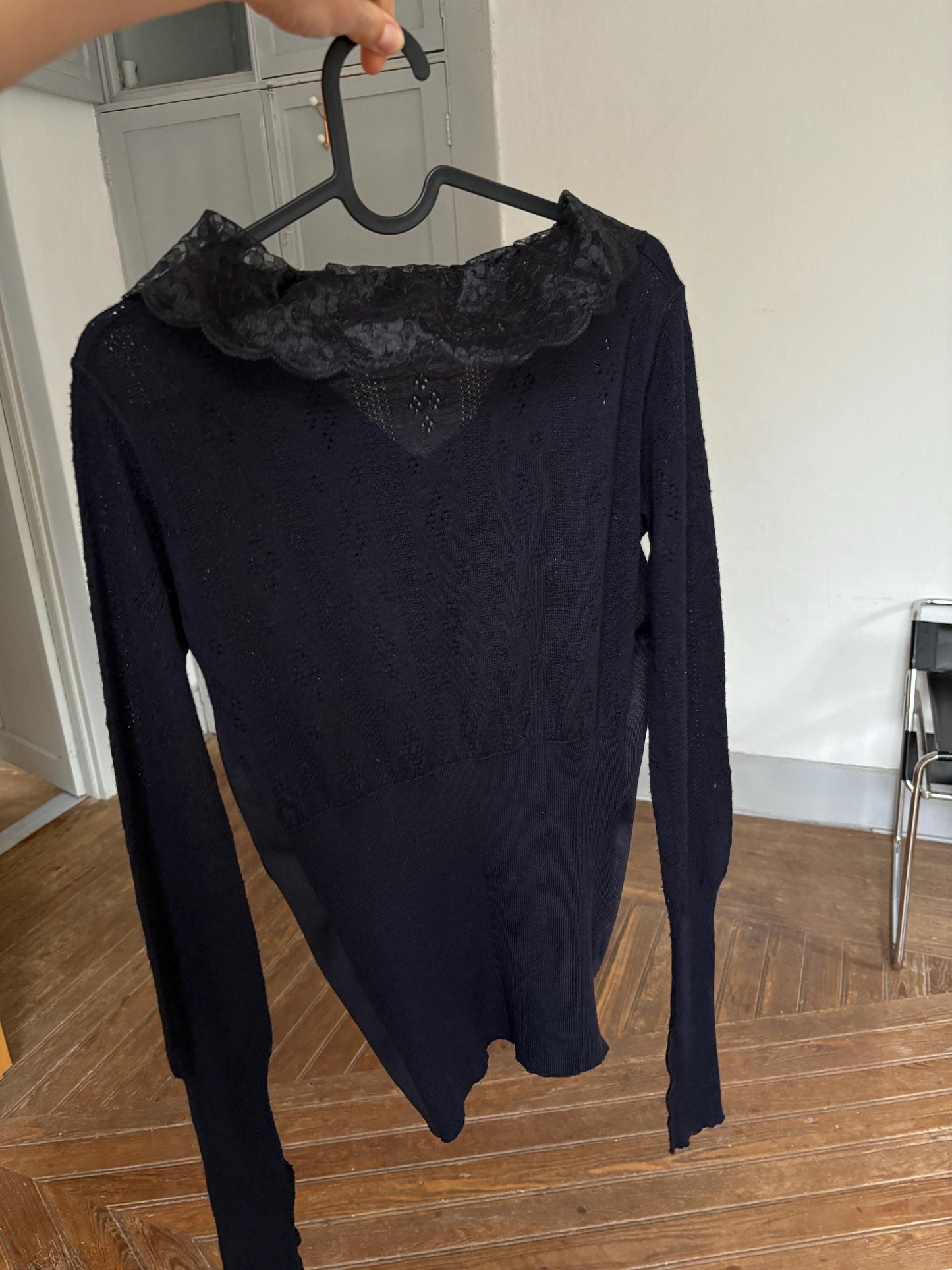 Vintage VDP Dark Blue Romantic Shirt – Long Sleeve Lace Collar Italian Top