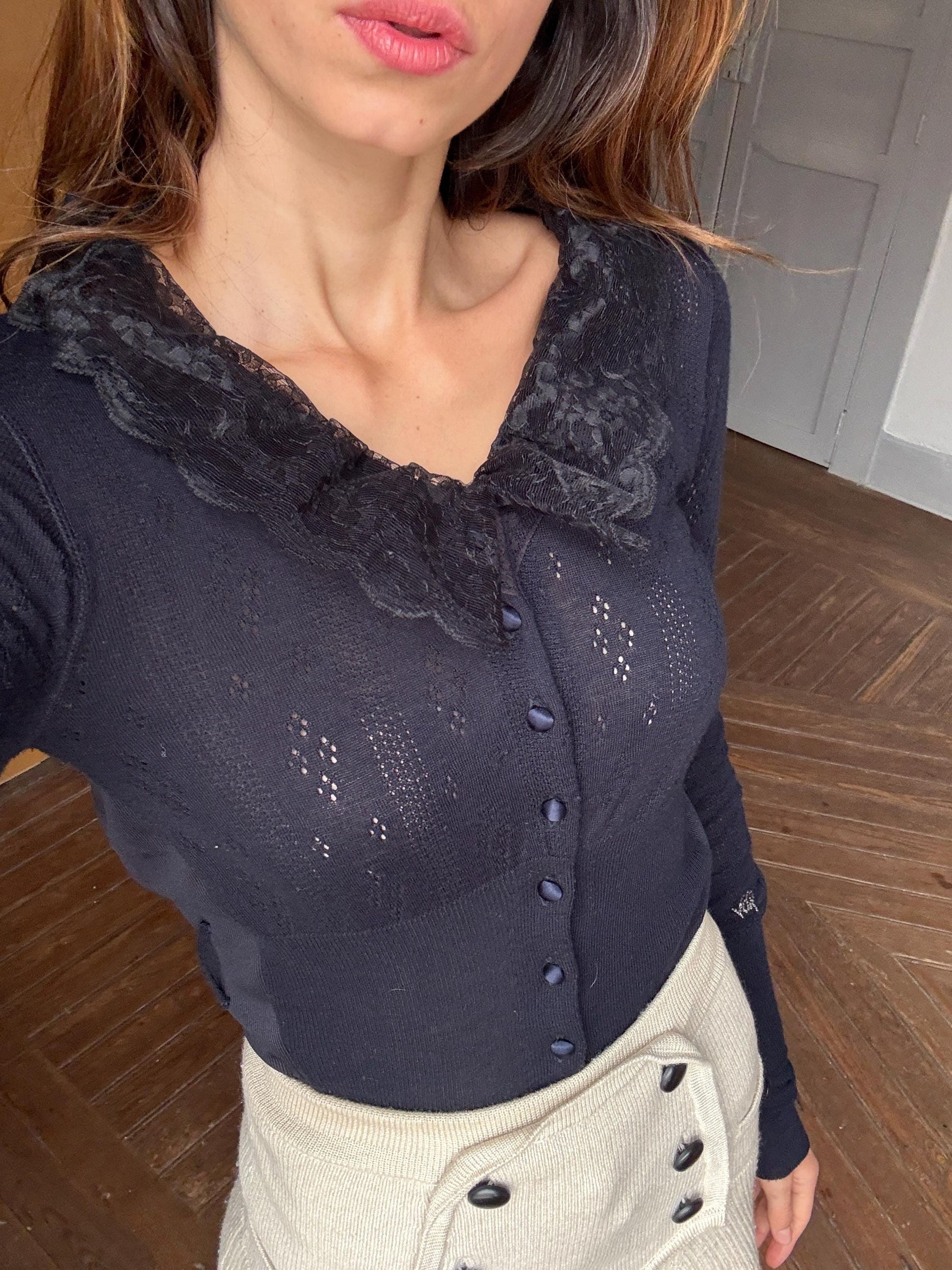 Vintage VDP Dark Blue Romantic Shirt – Long Sleeve Lace Collar Italian Top