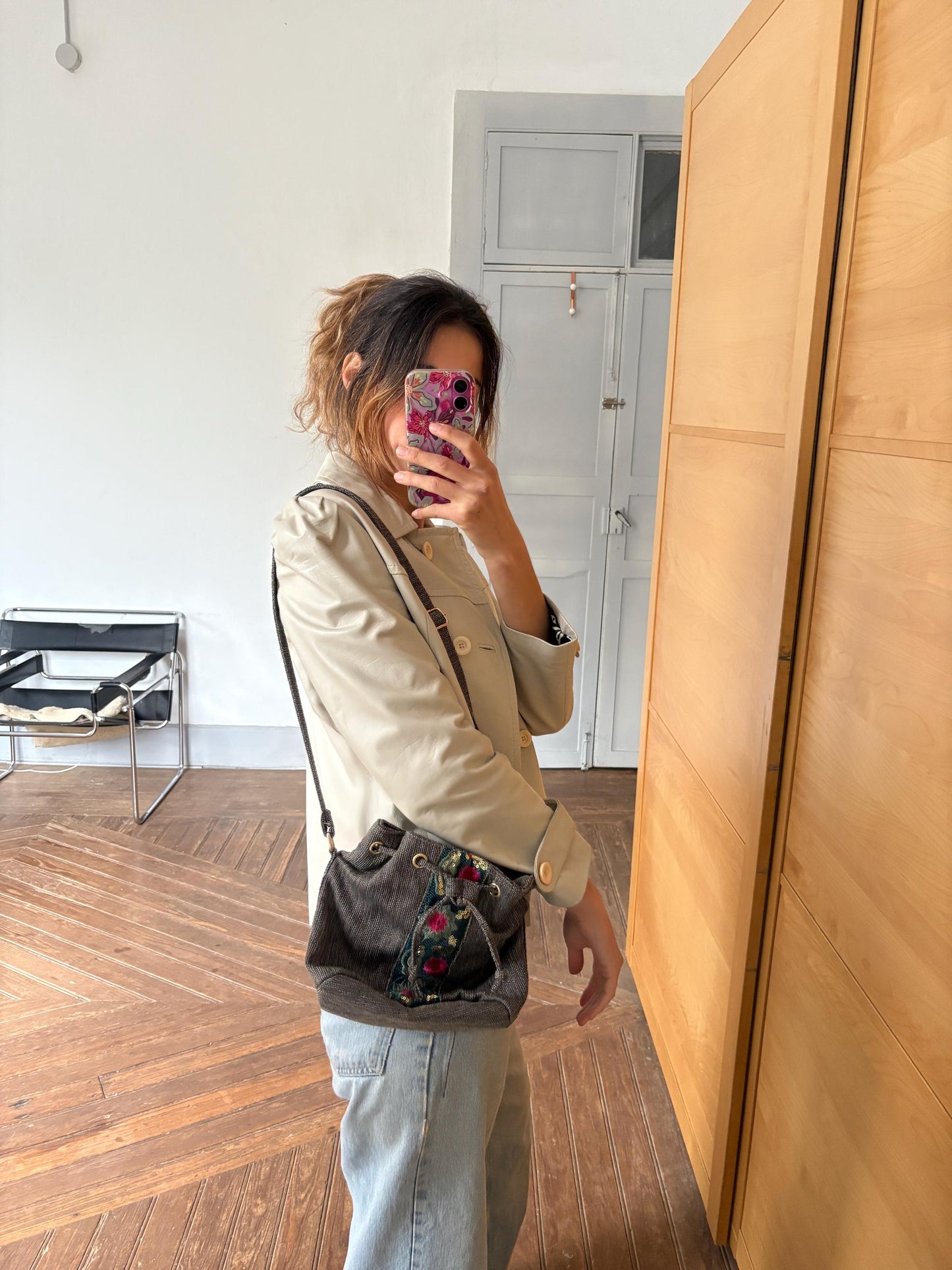 Vintage Flamenca Shoulder Bag – Crossbody with Sequin Embroidery, Boho Floral Design, 25x25 cm