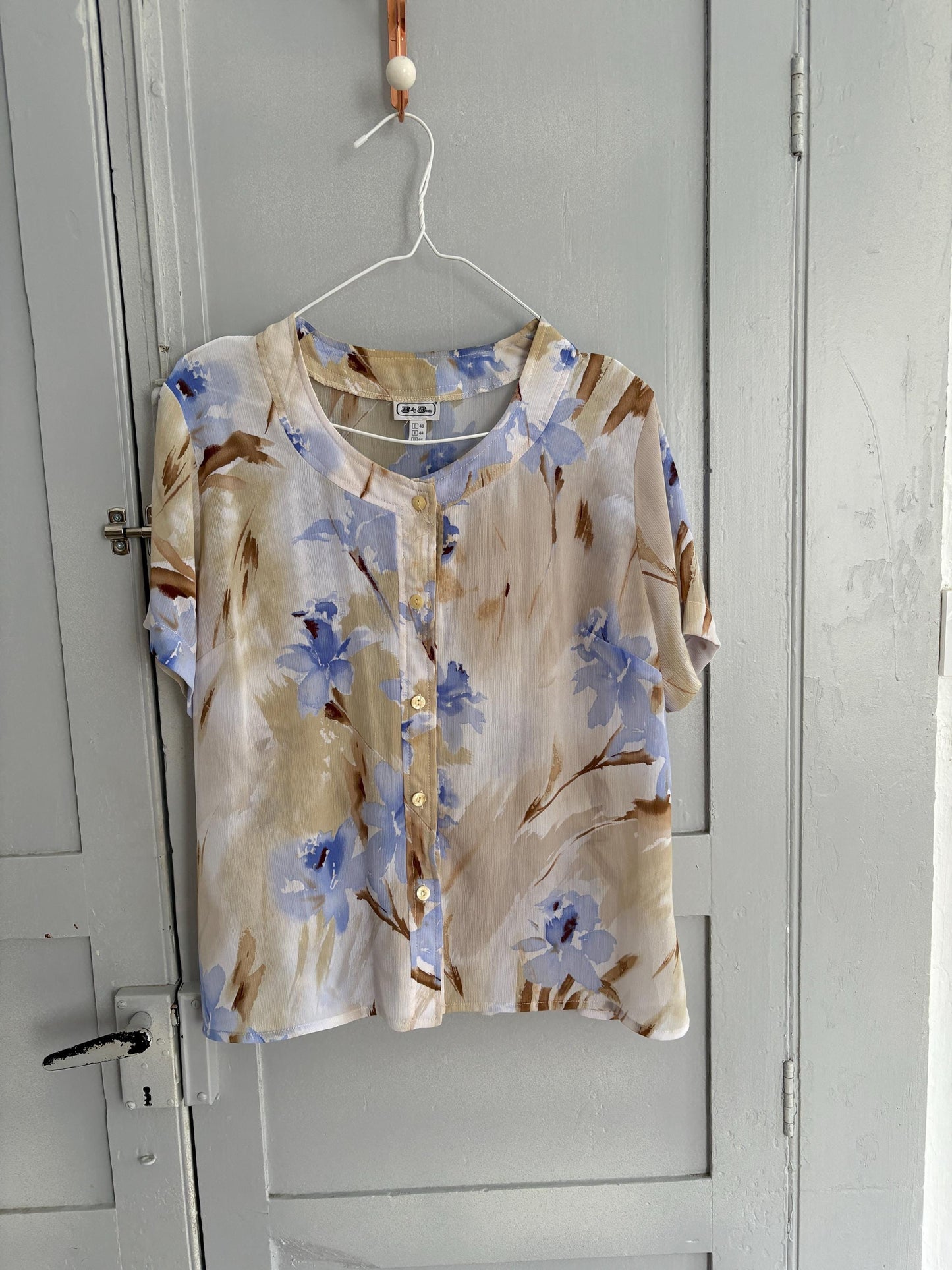 Vintage Floral Blouse, B de Brel Spain, Sheer Button Up Shirt, Romantic Summer Top, Women’s Size EU 44 - 46 / US L, Cottagecore Blouse