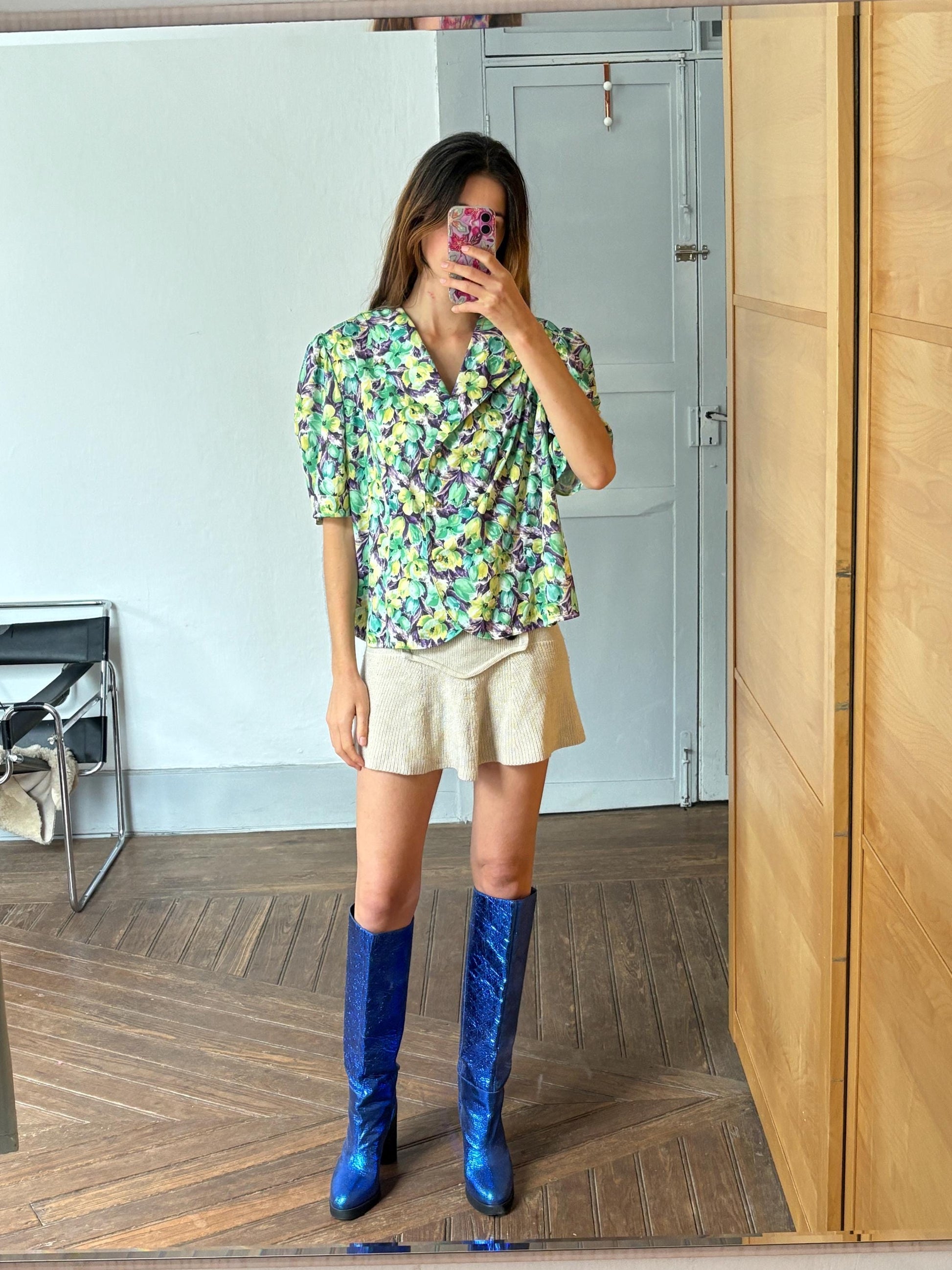 Vintage floral woman camisole, 60s flower top, Short sleeve colourful feminine summer clothing