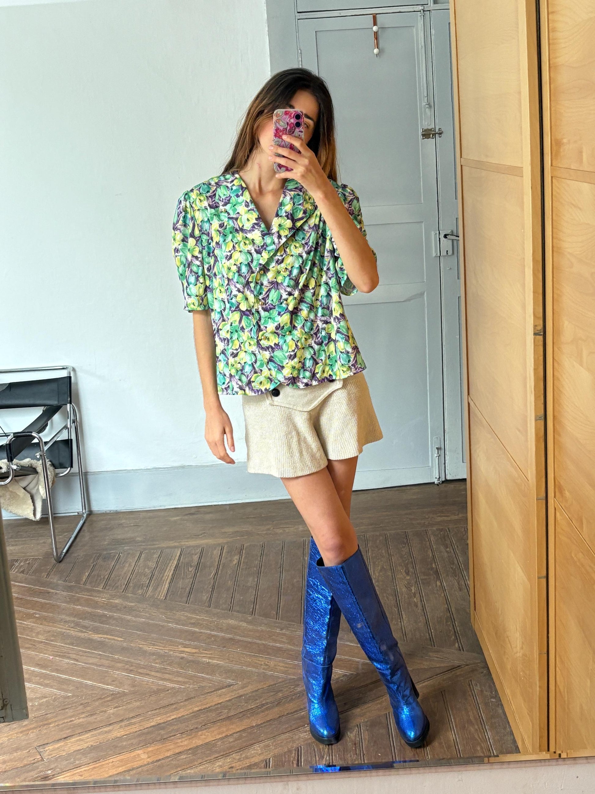 Vintage floral woman camisole, 60s flower top, Short sleeve colourful feminine summer clothing