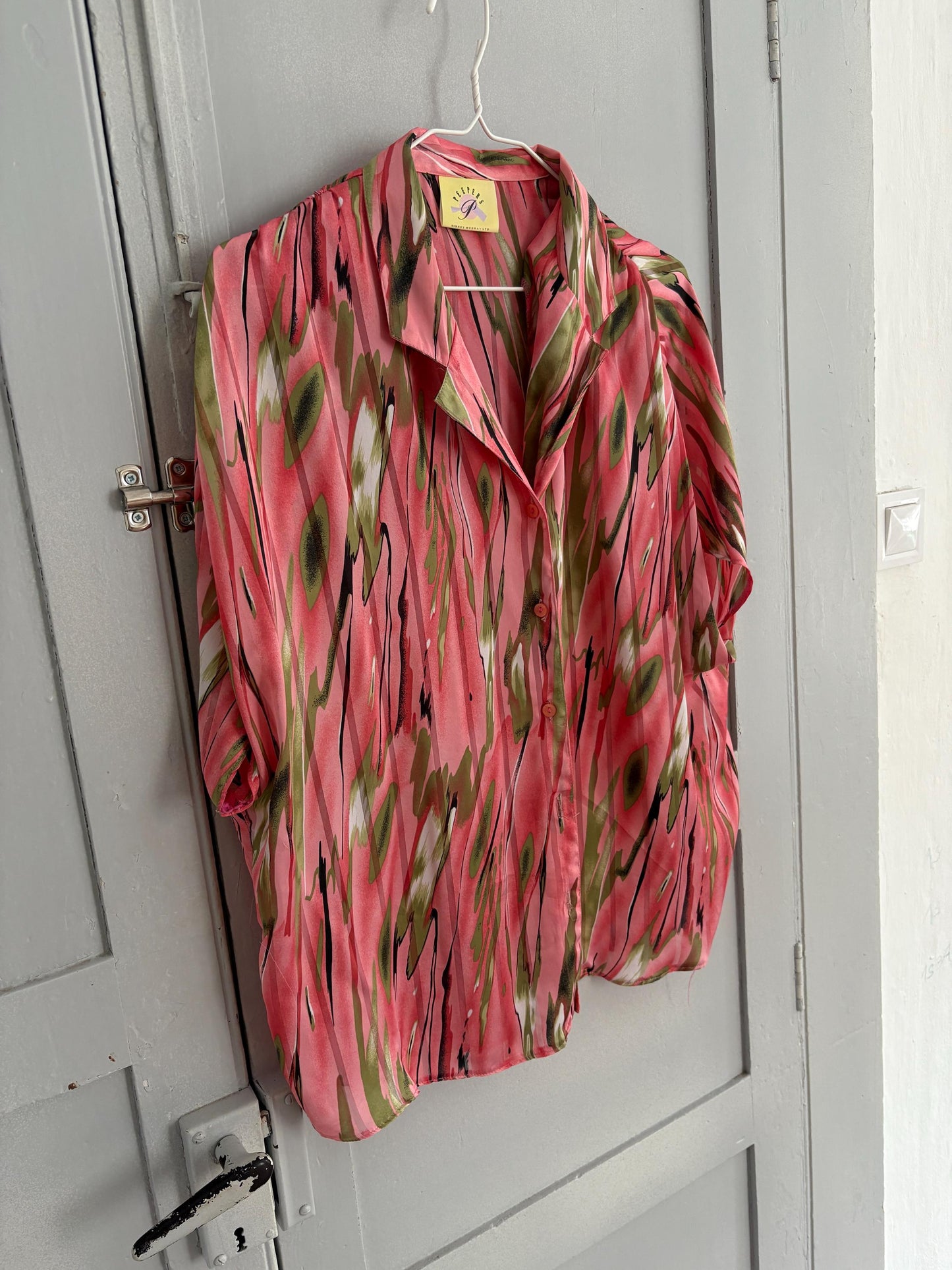 Vintage pink abstract woman camisole, 60s flower top, Short sleevecolourful feminine summer clothing