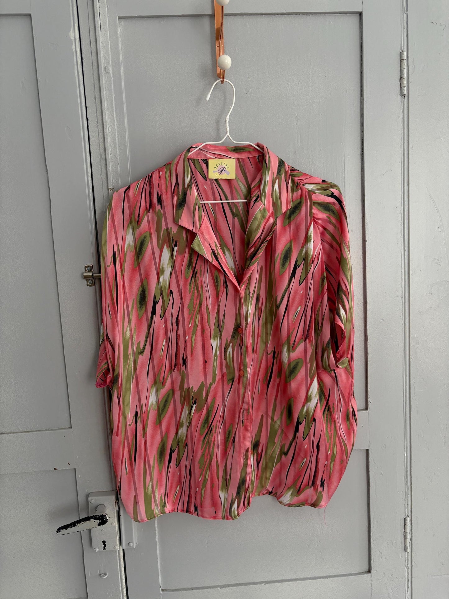 Vintage pink abstract woman camisole, 60s flower top, Short sleevecolourful feminine summer clothing