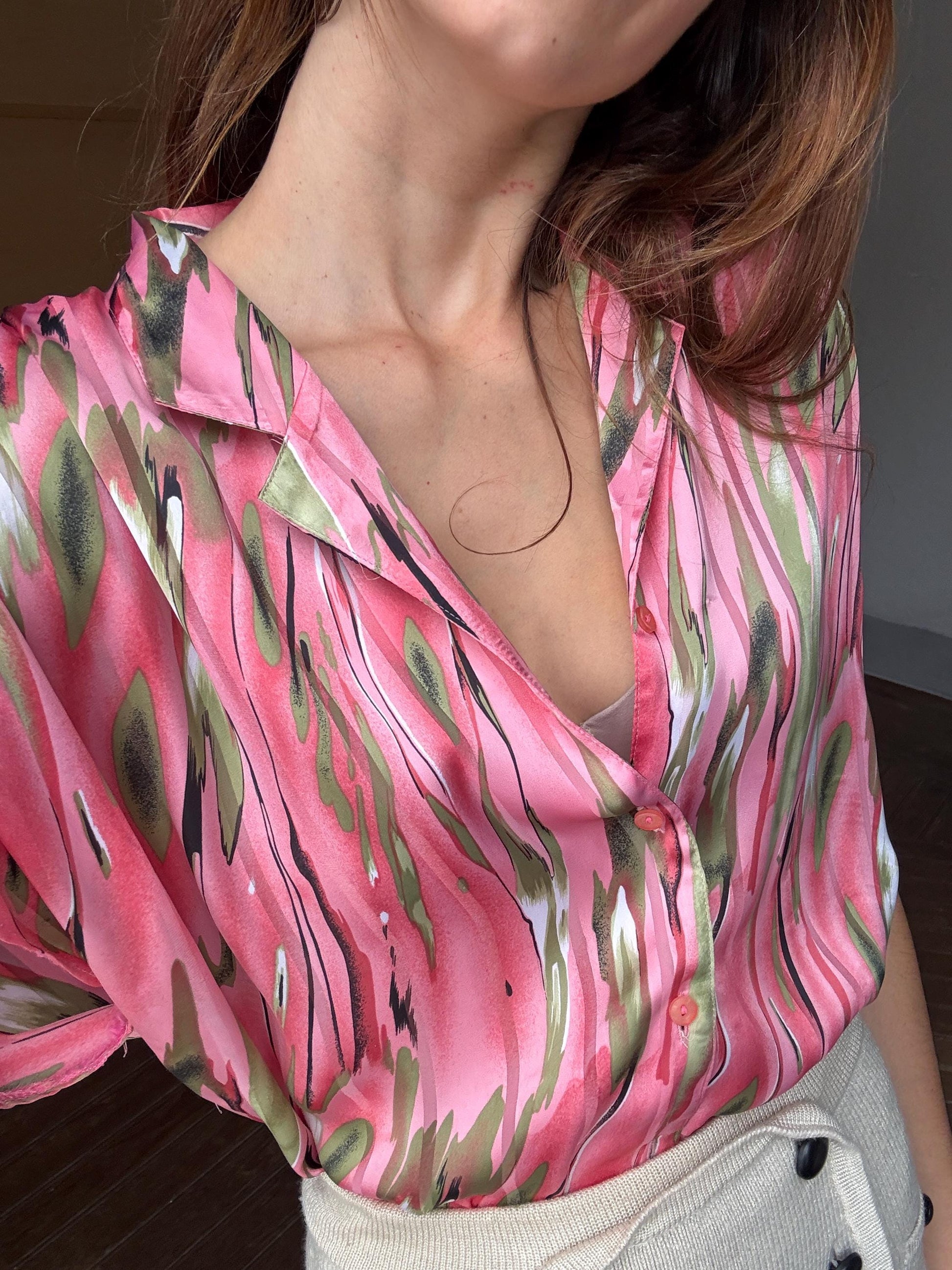 Vintage pink abstract woman camisole, 60s flower top, Short sleevecolourful feminine summer clothing