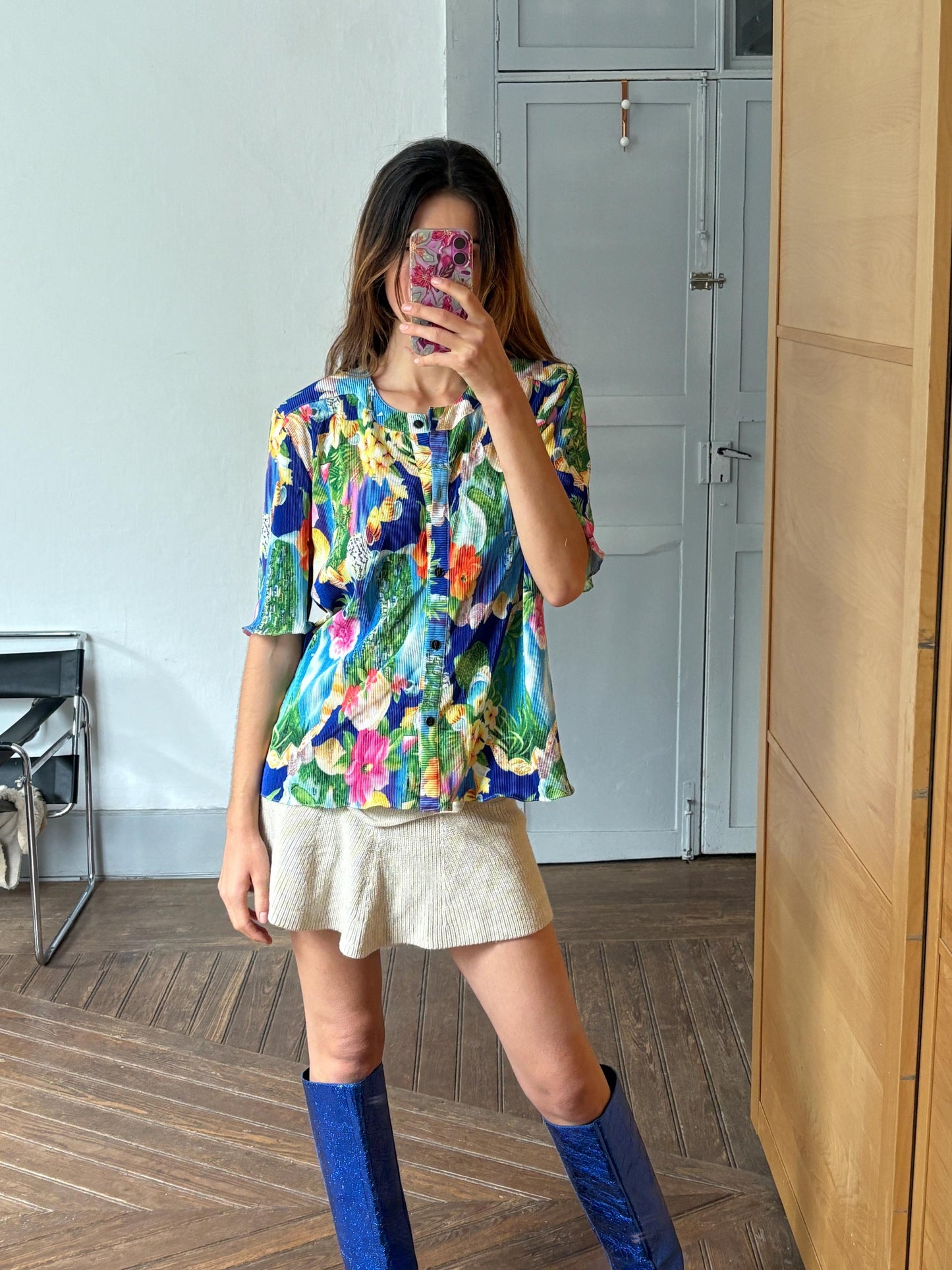 Vintage tropical floral woman camisole, 60s flower top, Short sleeve colourful feminine summer clothing