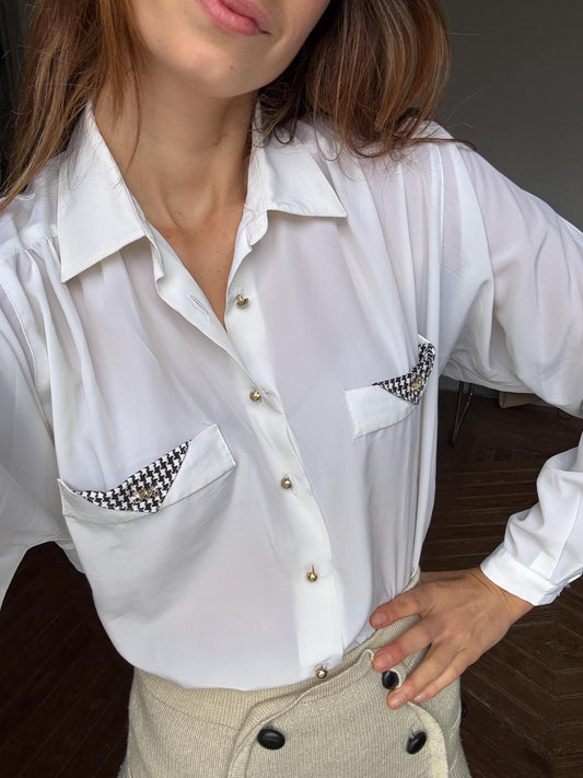 Vintage white button up woman shirt, Retro black and white Houndstooth blouse, collared button up summer shirt, Dark Academia fashion,