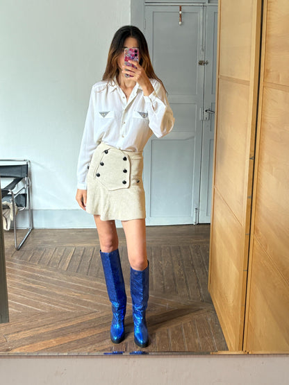 Vintage White Houndstooth Blouse with Gold Buttons