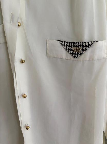 Vintage White Houndstooth Blouse with Gold Buttons