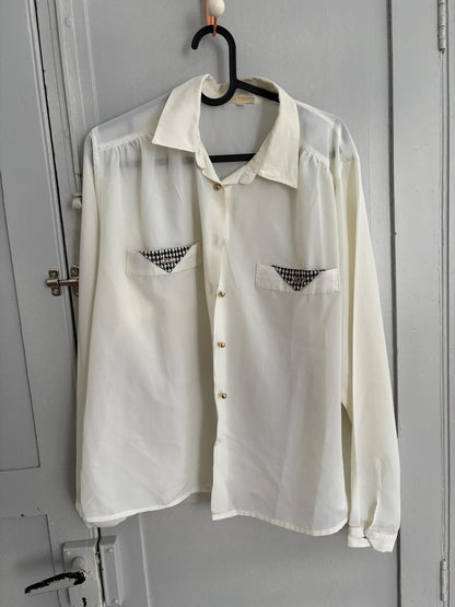 Vintage White Houndstooth Blouse with Gold Buttons