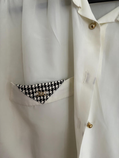Vintage White Houndstooth Blouse with Gold Buttons