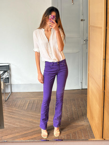 Vintage Purple Y2K Skinny Denim Pants — fabric close-up
