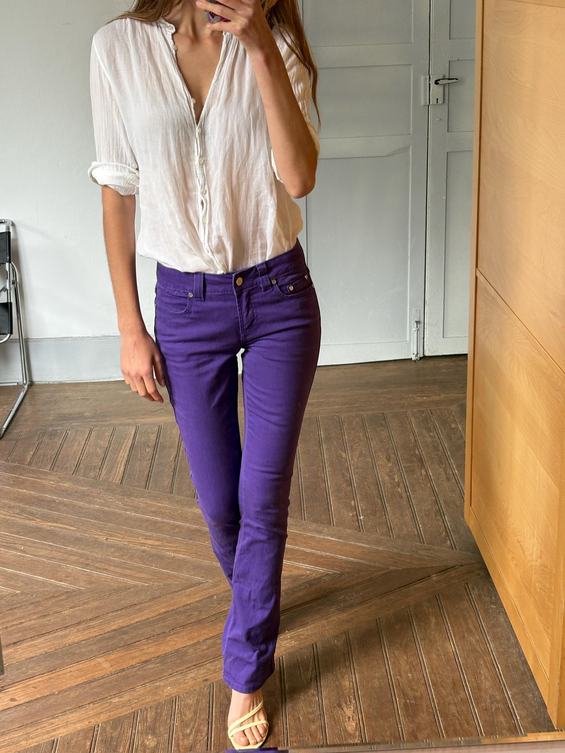 Vintage Pedro del Hierro Sport purple denim pants, Spanish designer jeans, low waist Y2K skinny fit, 90s sexy millennial style, Barbiecore,
