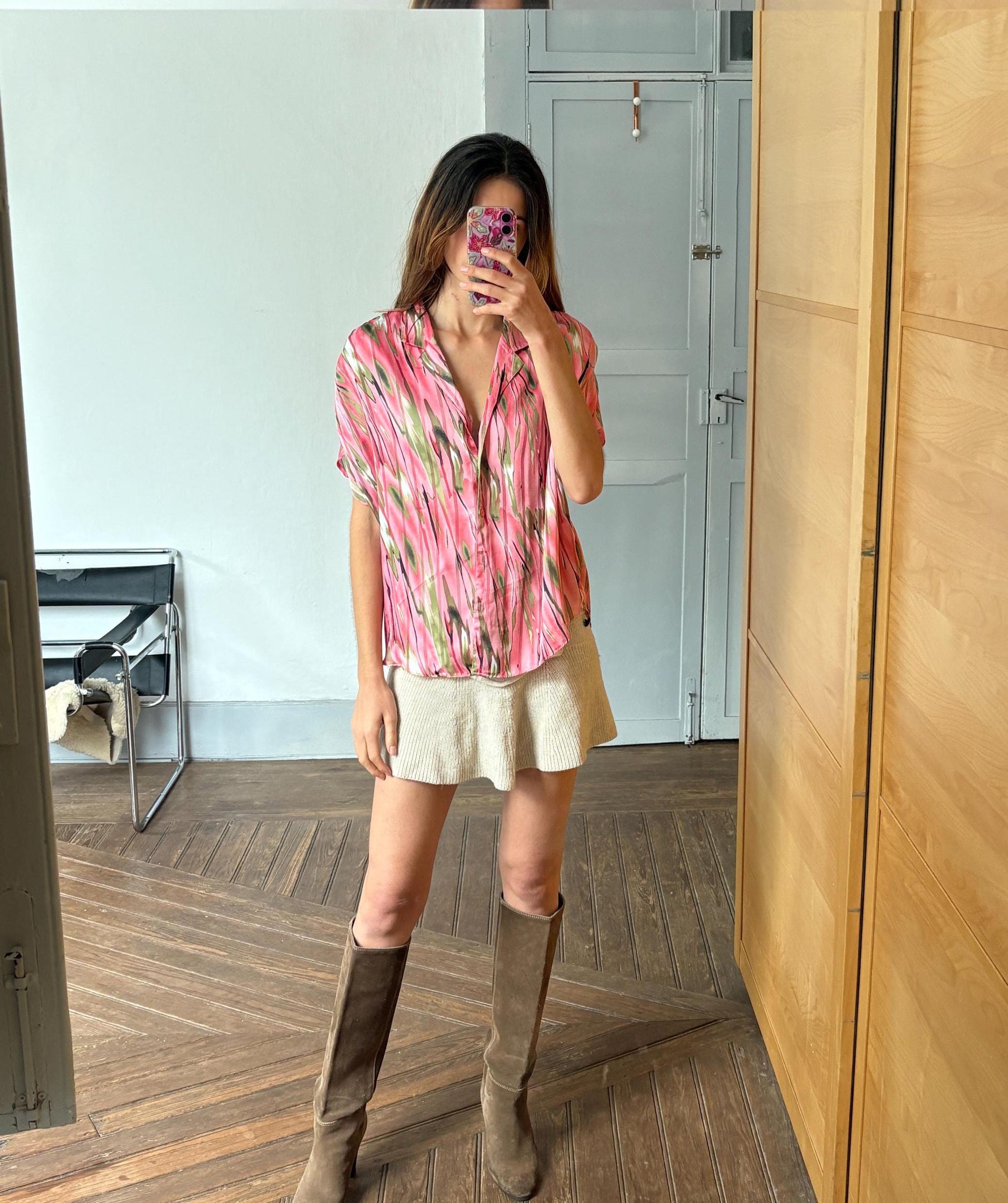 Vintage pink abstract woman camisole, 60s flower top, Short sleevecolourful feminine summer clothing