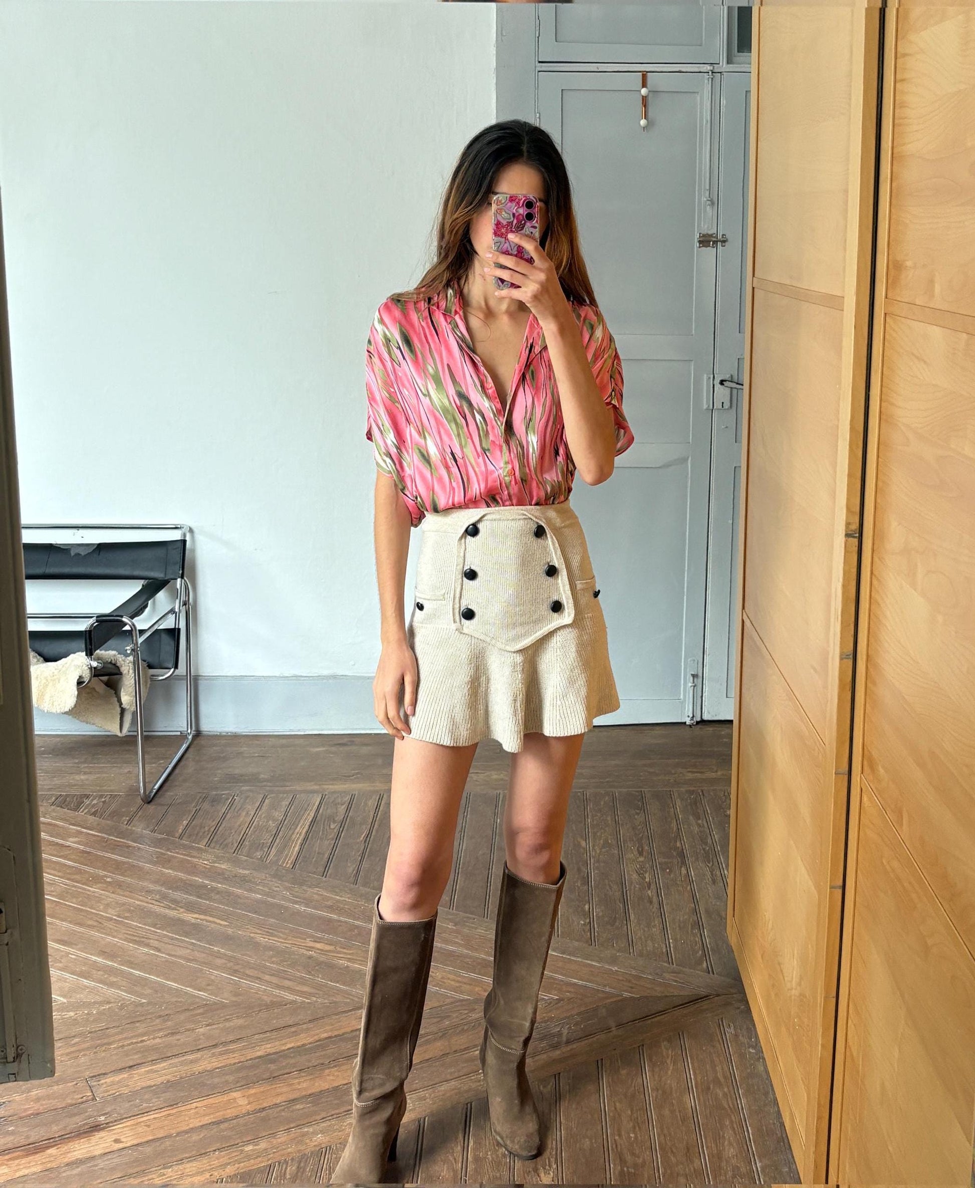 Vintage pink abstract woman camisole, 60s flower top, Short sleevecolourful feminine summer clothing