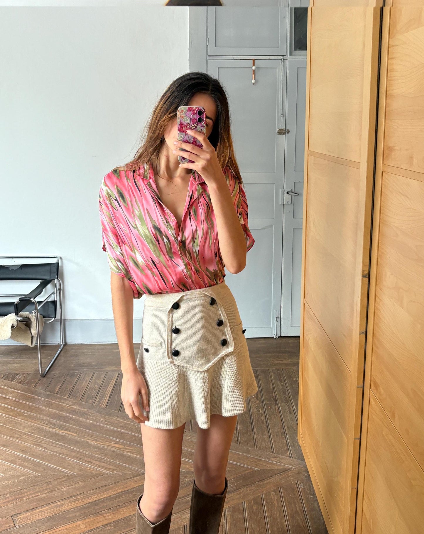 Vintage pink abstract woman camisole, 60s flower top, Short sleevecolourful feminine summer clothing