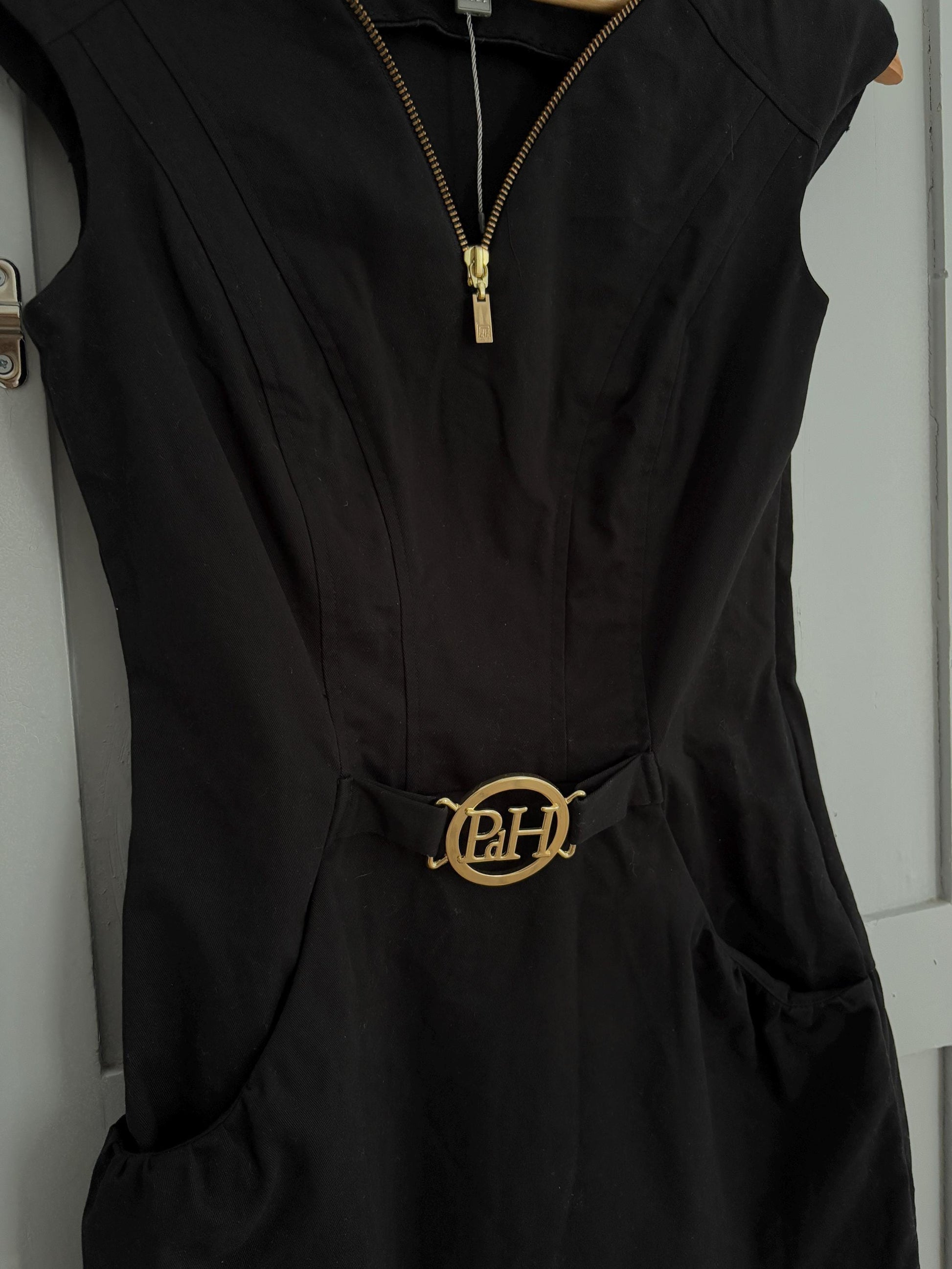 Vintage Pedro del Hierro elegant black mini dress, Sexy feminine curve short black formal dress by Spanish designer label