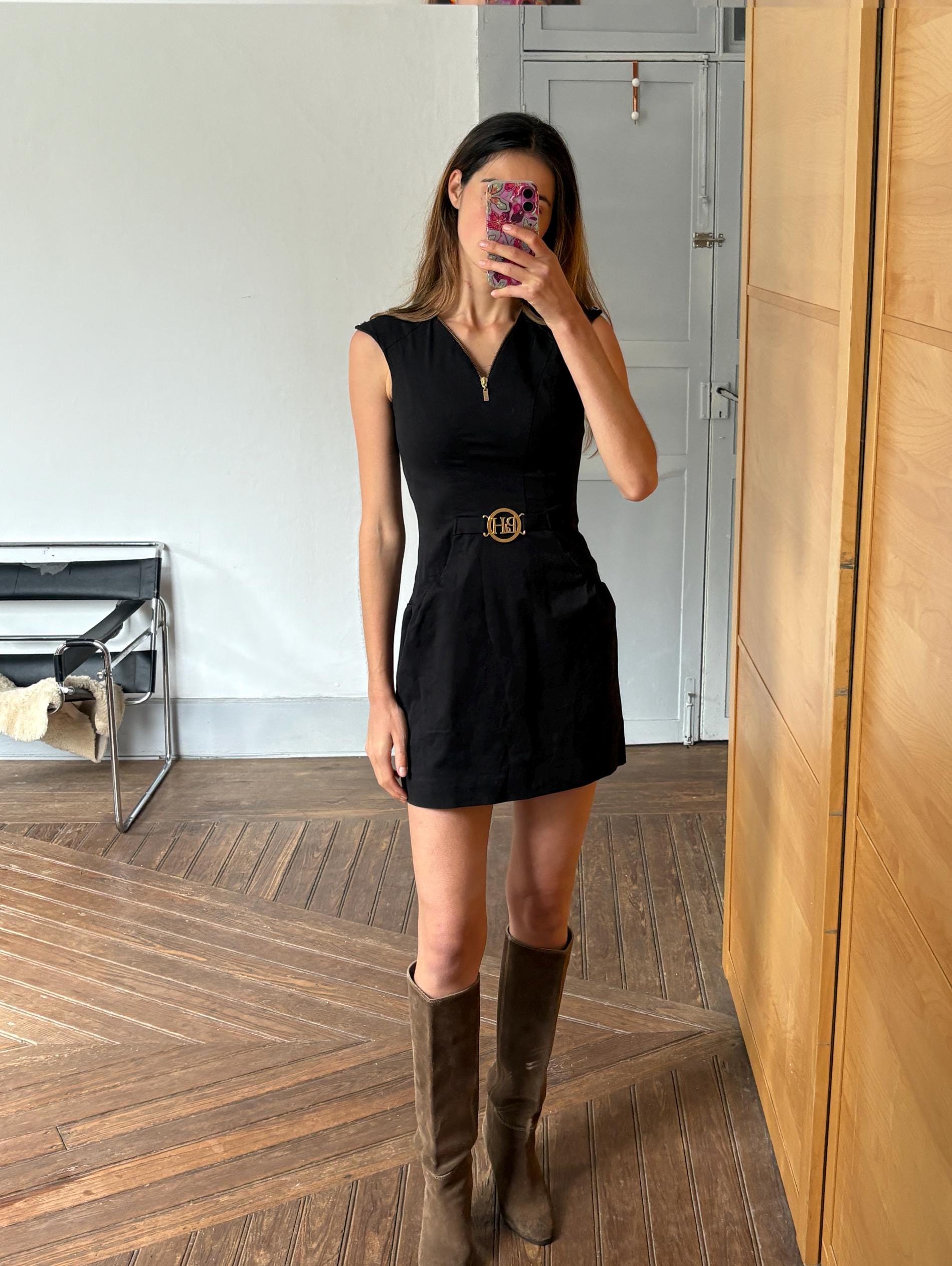 Vintage Pedro del Hierro elegant black mini dress, Sexy feminine curve short black formal dress by Spanish designer label