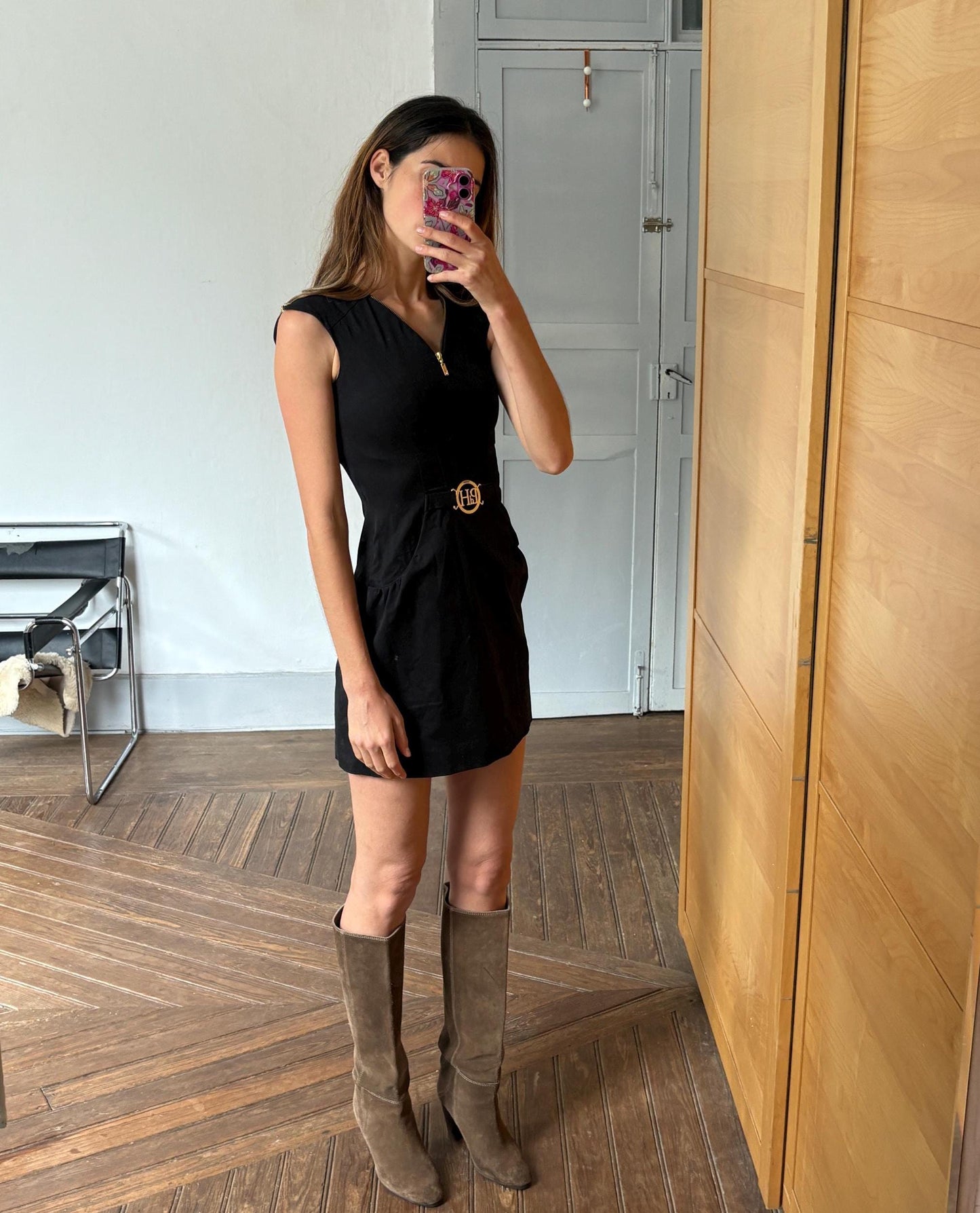 Vintage Pedro del Hierro elegant black mini dress, Sexy feminine curve short black formal dress by Spanish designer label