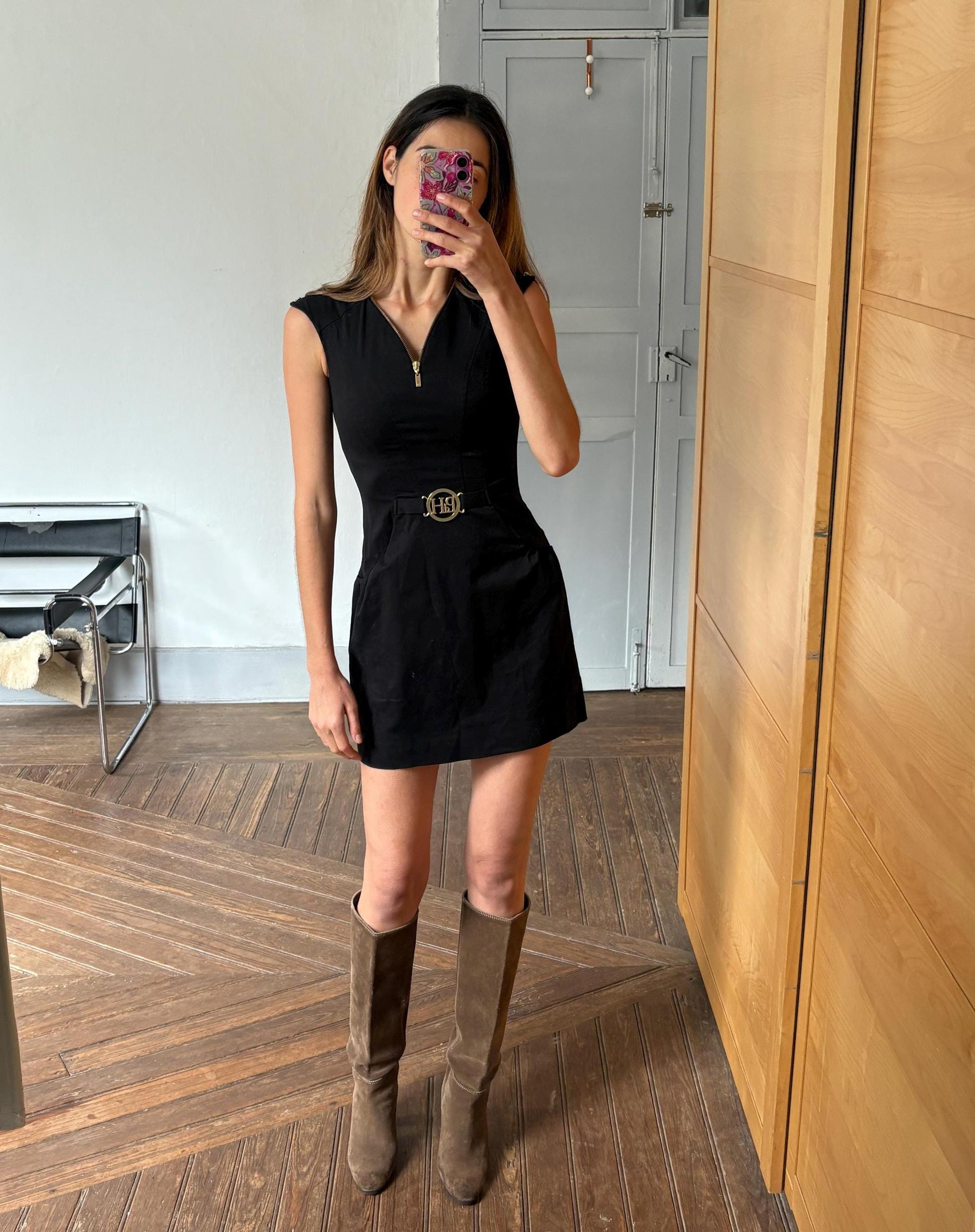 Vintage Pedro del Hierro elegant black mini dress, Sexy feminine curve short black formal dress by Spanish designer label