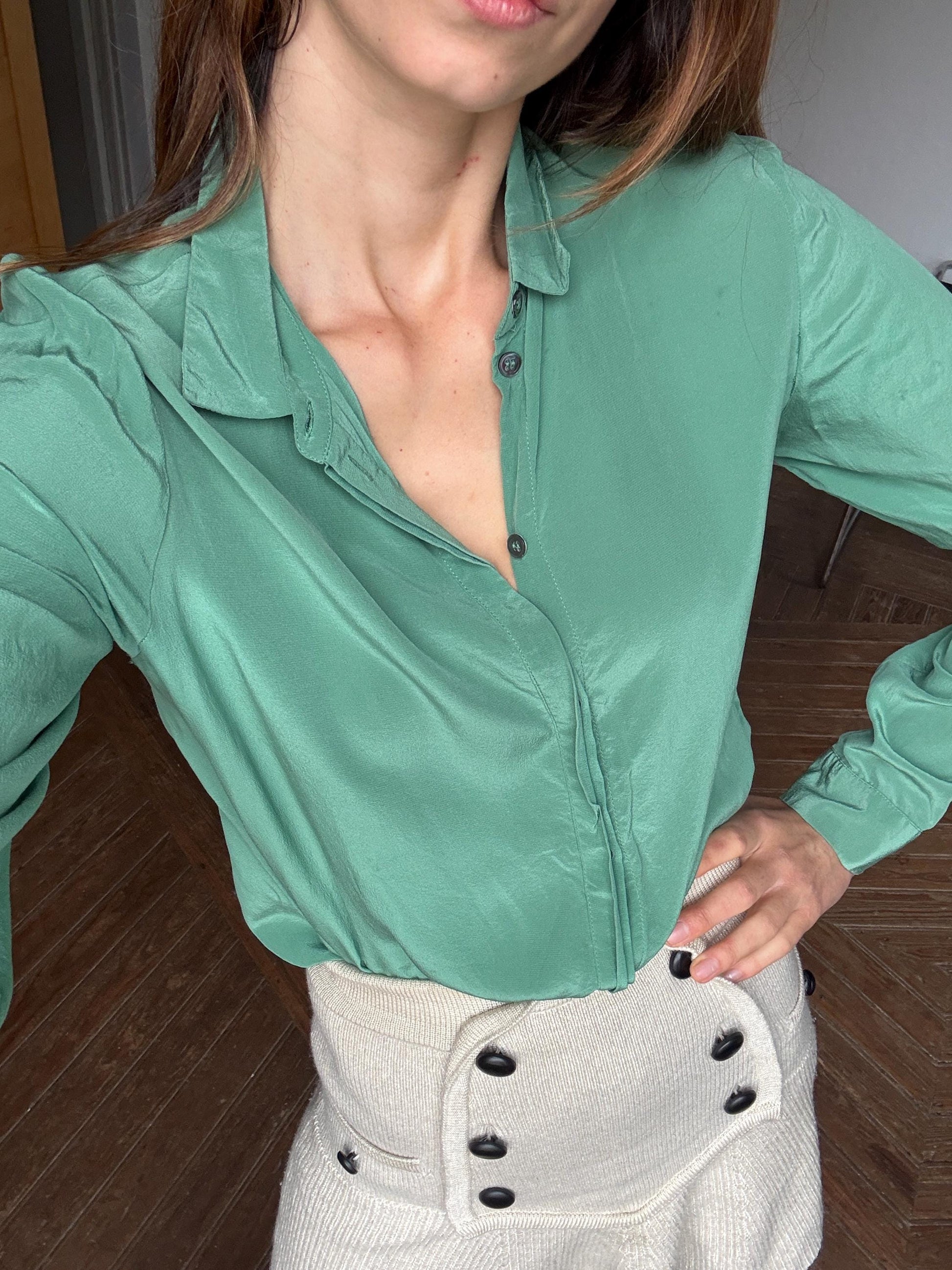 Vintage Filippa K 100% Silk Button-Down Shirt in Sage Green, Size M, Elegant Classic Long Sleeve Blouse, Minimalist Chic Workwear Shirt