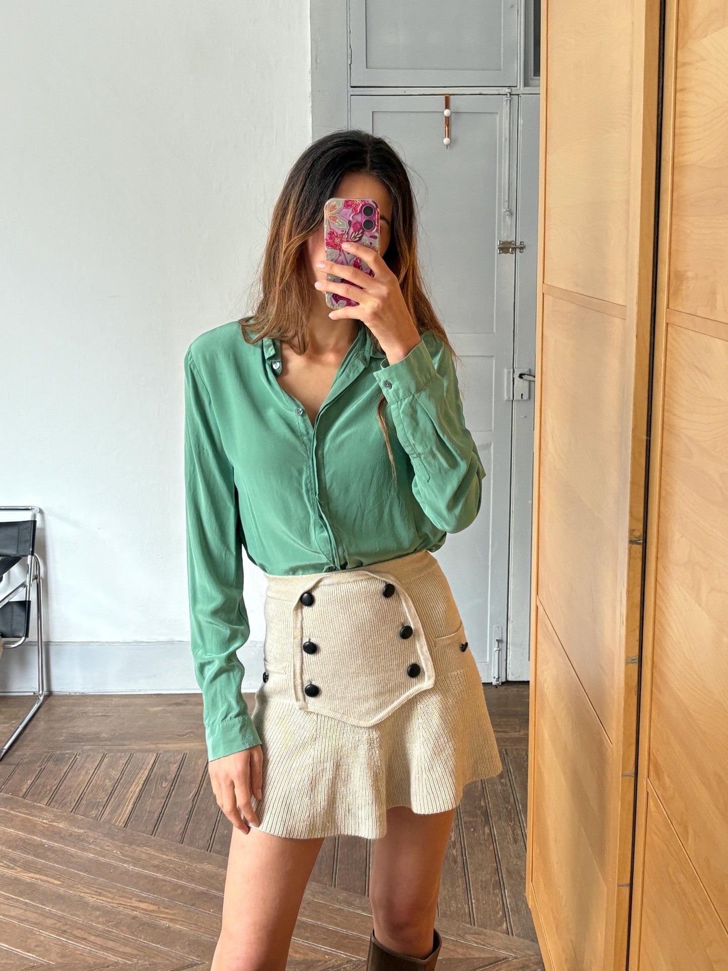 Vintage Filippa K 100% Silk Button-Down Shirt in Sage Green, Size M, Elegant Classic Long Sleeve Blouse, Minimalist Chic Workwear Shirt