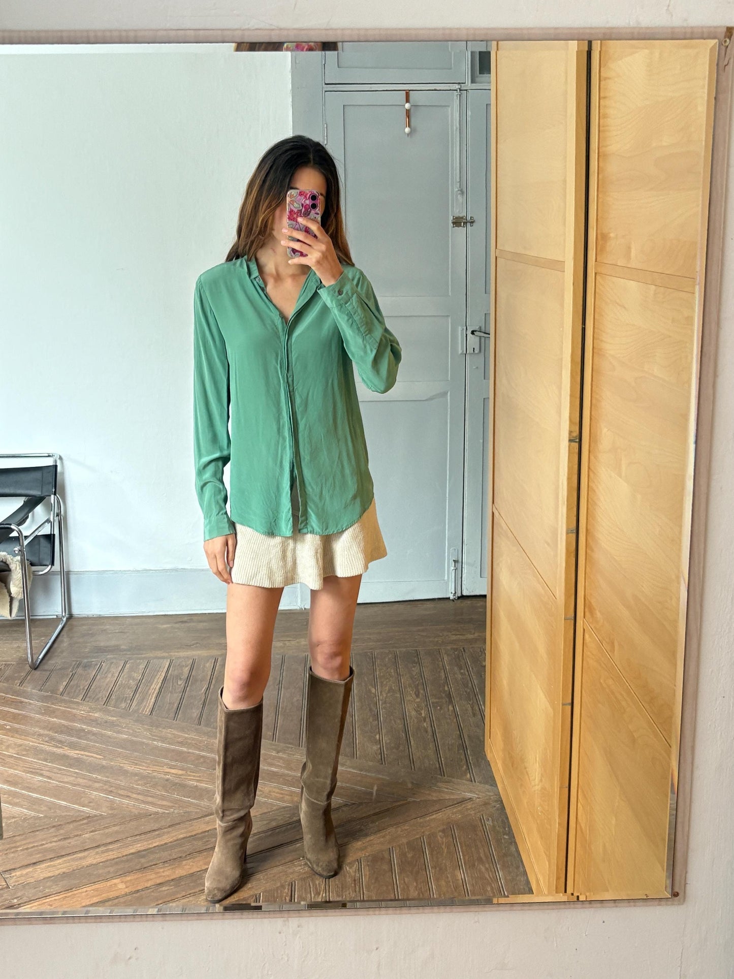 Vintage Filippa K 100% Silk Button-Down Shirt in Sage Green, Size M, Elegant Classic Long Sleeve Blouse, Minimalist Chic Workwear Shirt