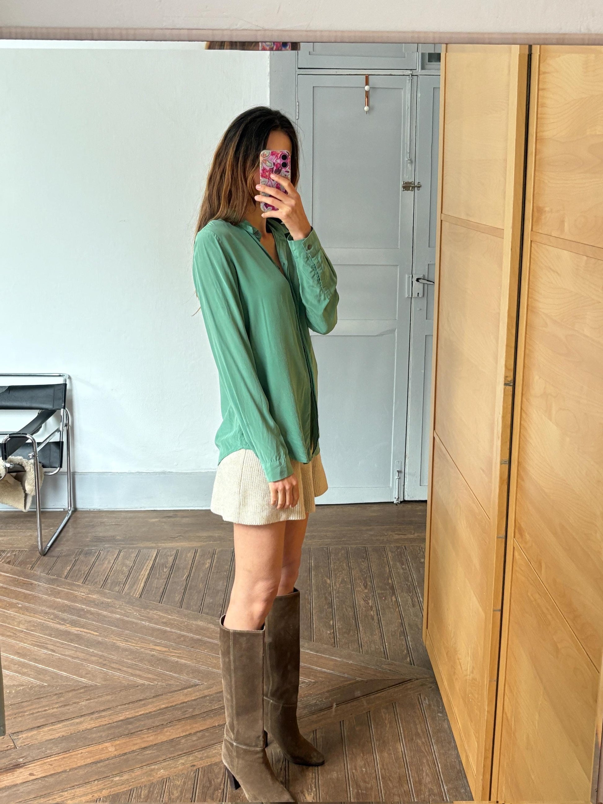 Vintage Filippa K 100% Silk Button-Down Shirt in Sage Green, Size M, Elegant Classic Long Sleeve Blouse, Minimalist Chic Workwear Shirt