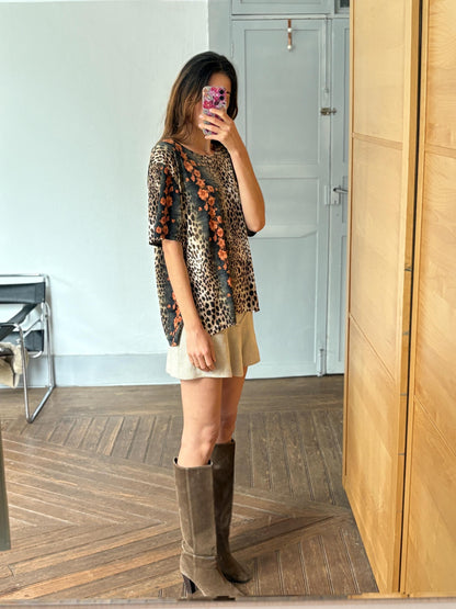 Vintage Leopard Floral Blouse, Boho Animal Print Top
