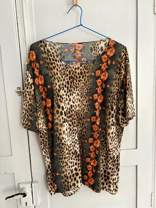 Leopard Print Floral Blouse, Bold Animal Print Top, Oversized Loose Fit Shirt, Vintage Statement Blouse, Women’s Size L, Boho Chic Fashion