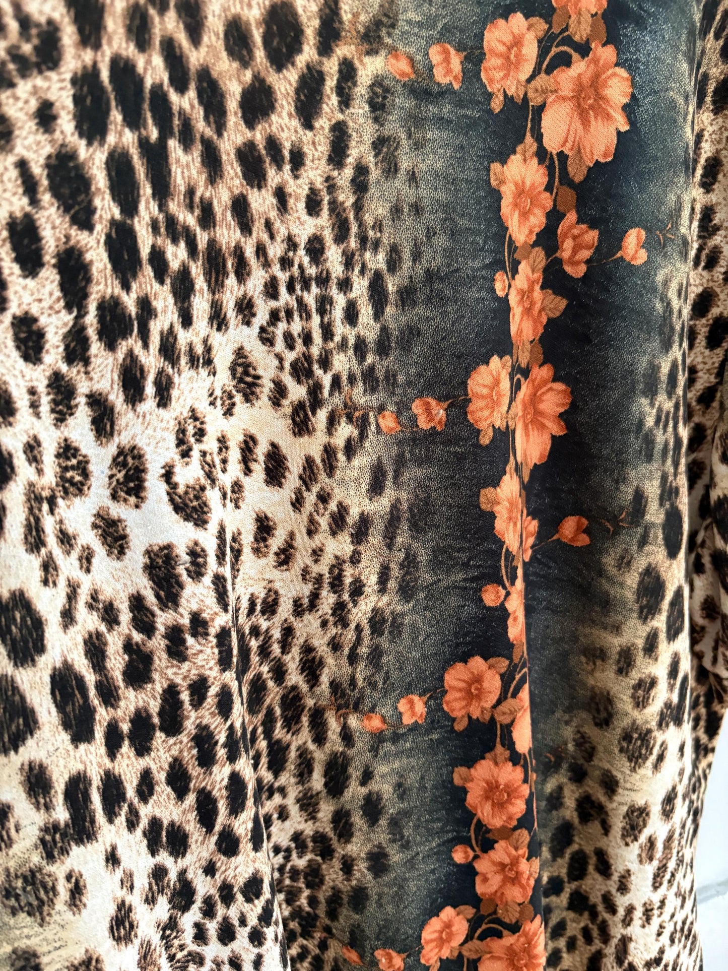 Leopard Print Floral Blouse, Bold Animal Print Top, Oversized Loose Fit Shirt, Vintage Statement Blouse, Women’s Size L, Boho Chic Fashion