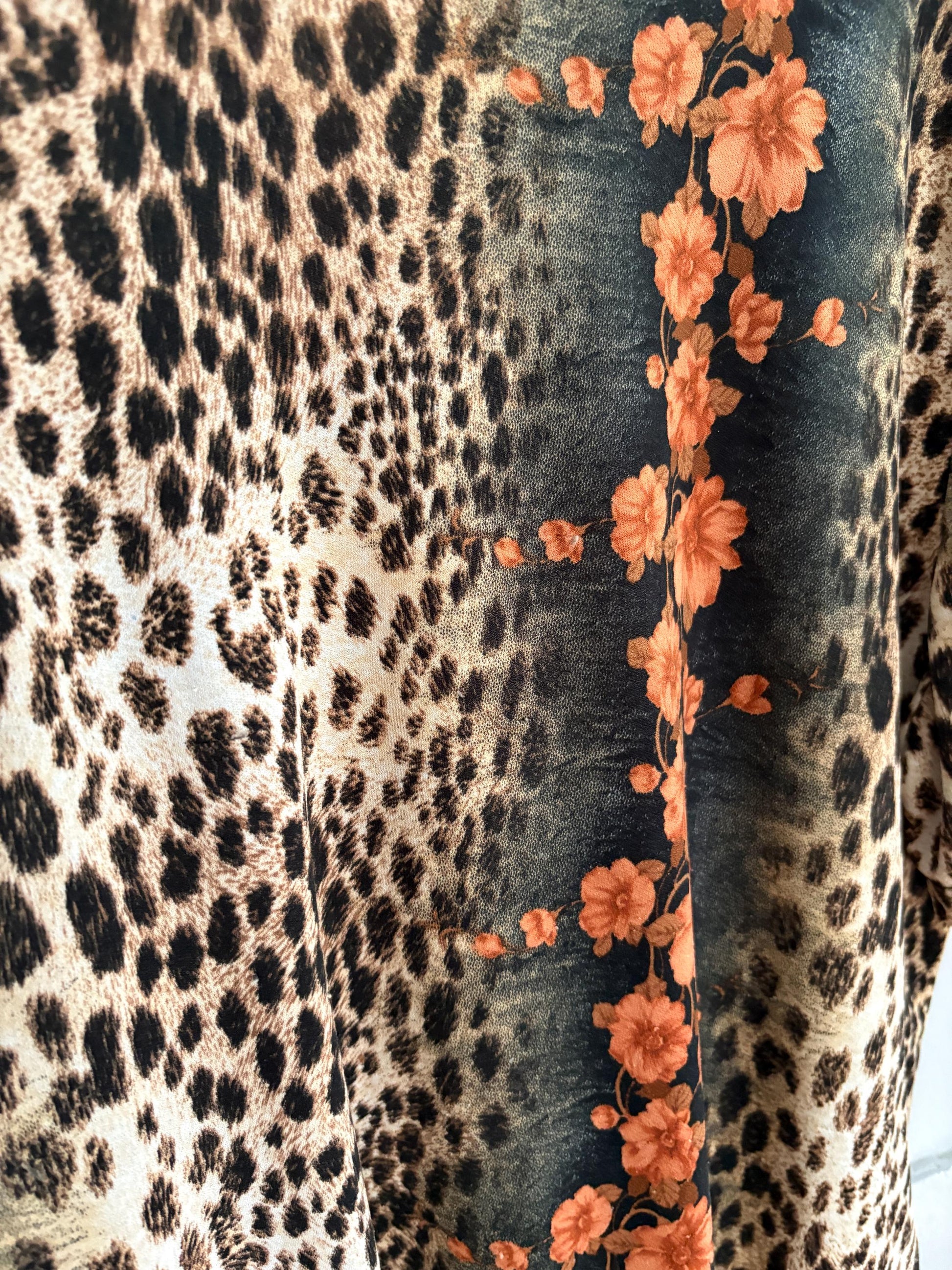Leopard Print Floral Blouse, Bold Animal Print Top, Oversized Loose Fit Shirt, Vintage Statement Blouse, Women’s Size L, Boho Chic Fashion