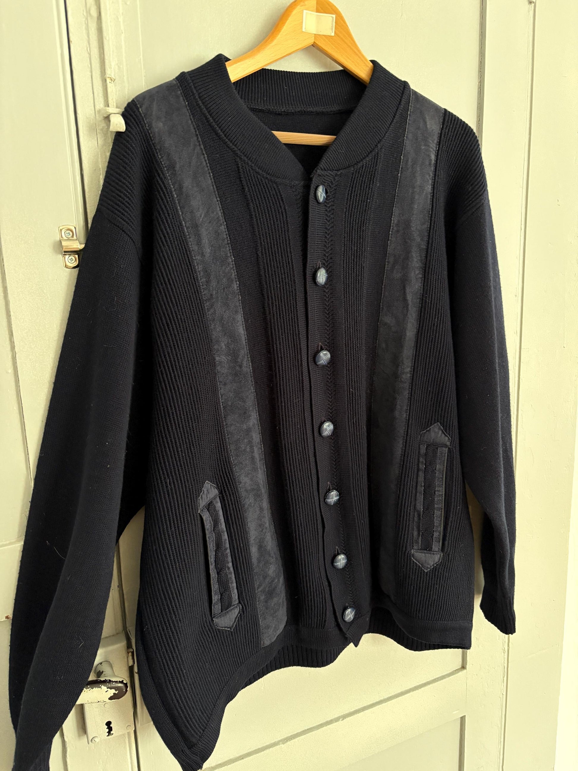 Navy blue vintage Men cardigan, Classic Dark Academia aesthetic jumper, Grandpa fashion winter knit wear