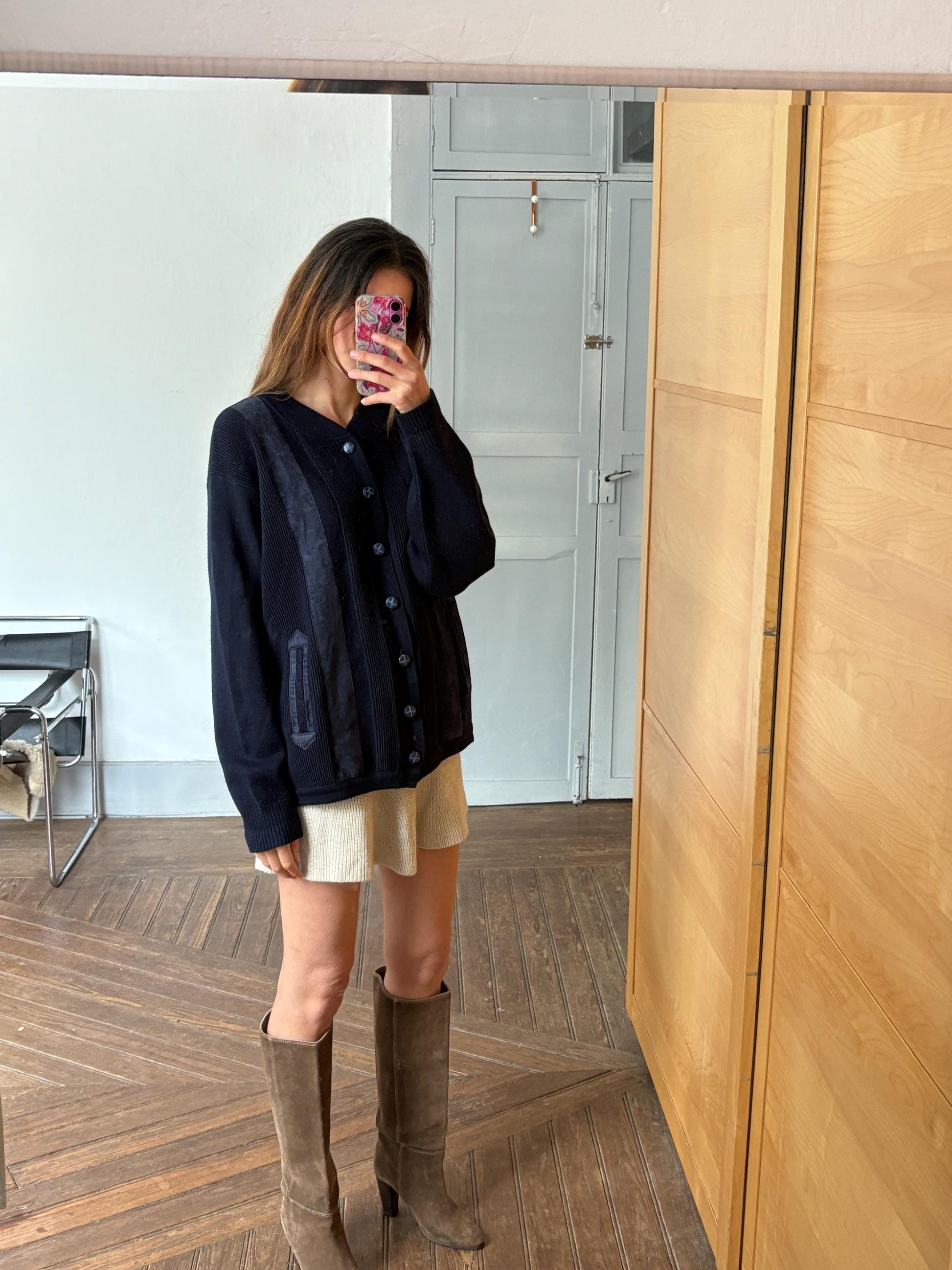 Navy blue vintage Men cardigan, Classic Dark Academia aesthetic jumper, Grandpa fashion winter knit wear