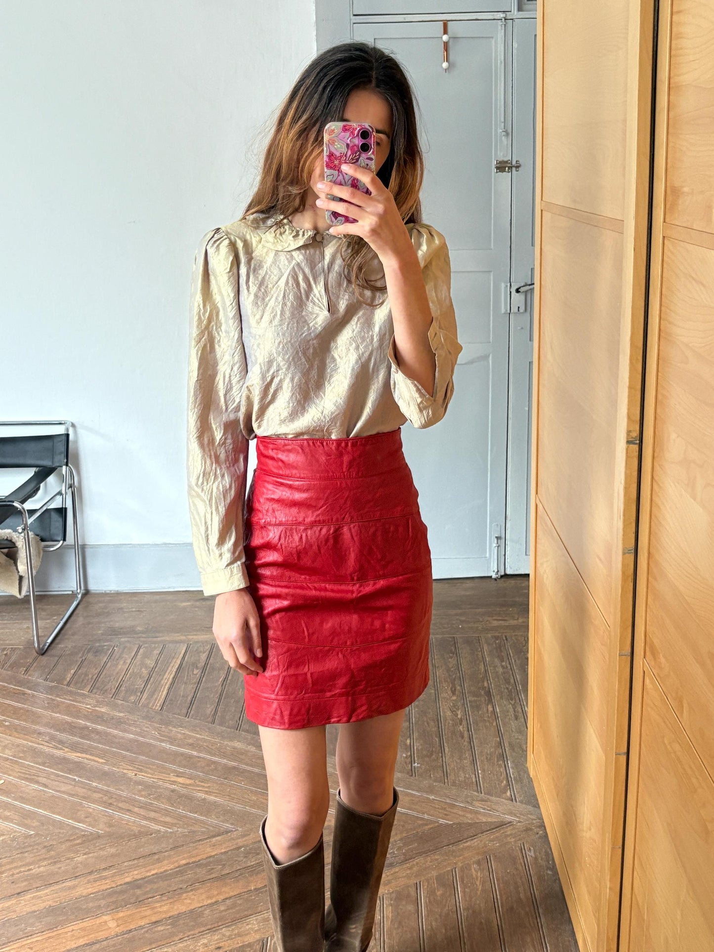 Vintage red leather pencil skirt for Saks fifth Avenue, Luxury designer warehouse high waist tight skirt, Emily in Paris statement outfit