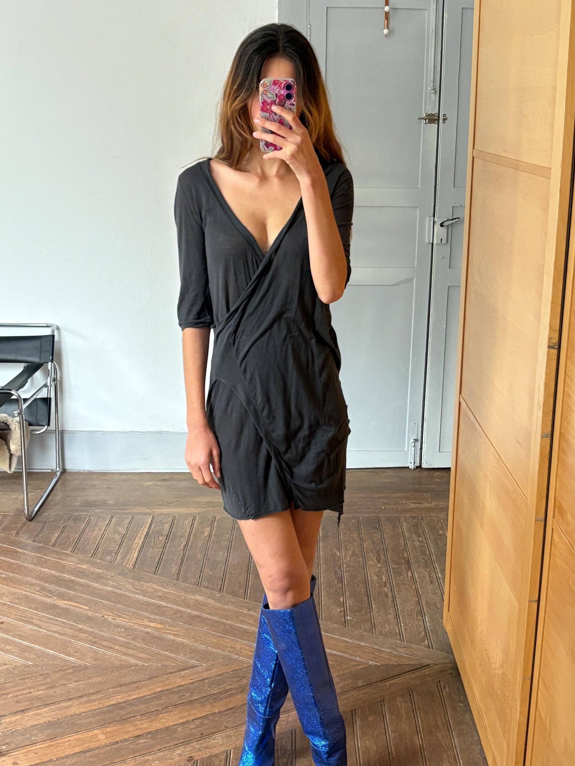 Vintage Humanoid Black Cotton Wrap Dress – Minimalist Sheer Summer Dress with Deep V Neckline – Italian Y2K Resort Wear (Size S)