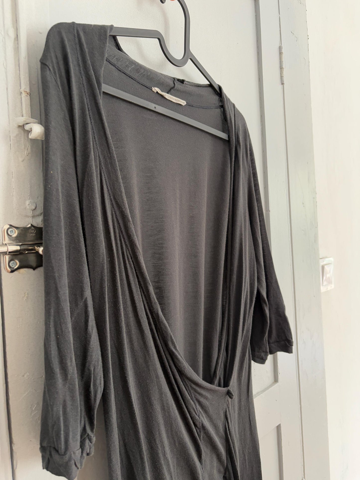 Vintage Humanoid Black Cotton Wrap Dress – Minimalist Sheer Summer Dress with Deep V Neckline – Italian Y2K Resort Wear (Size S)