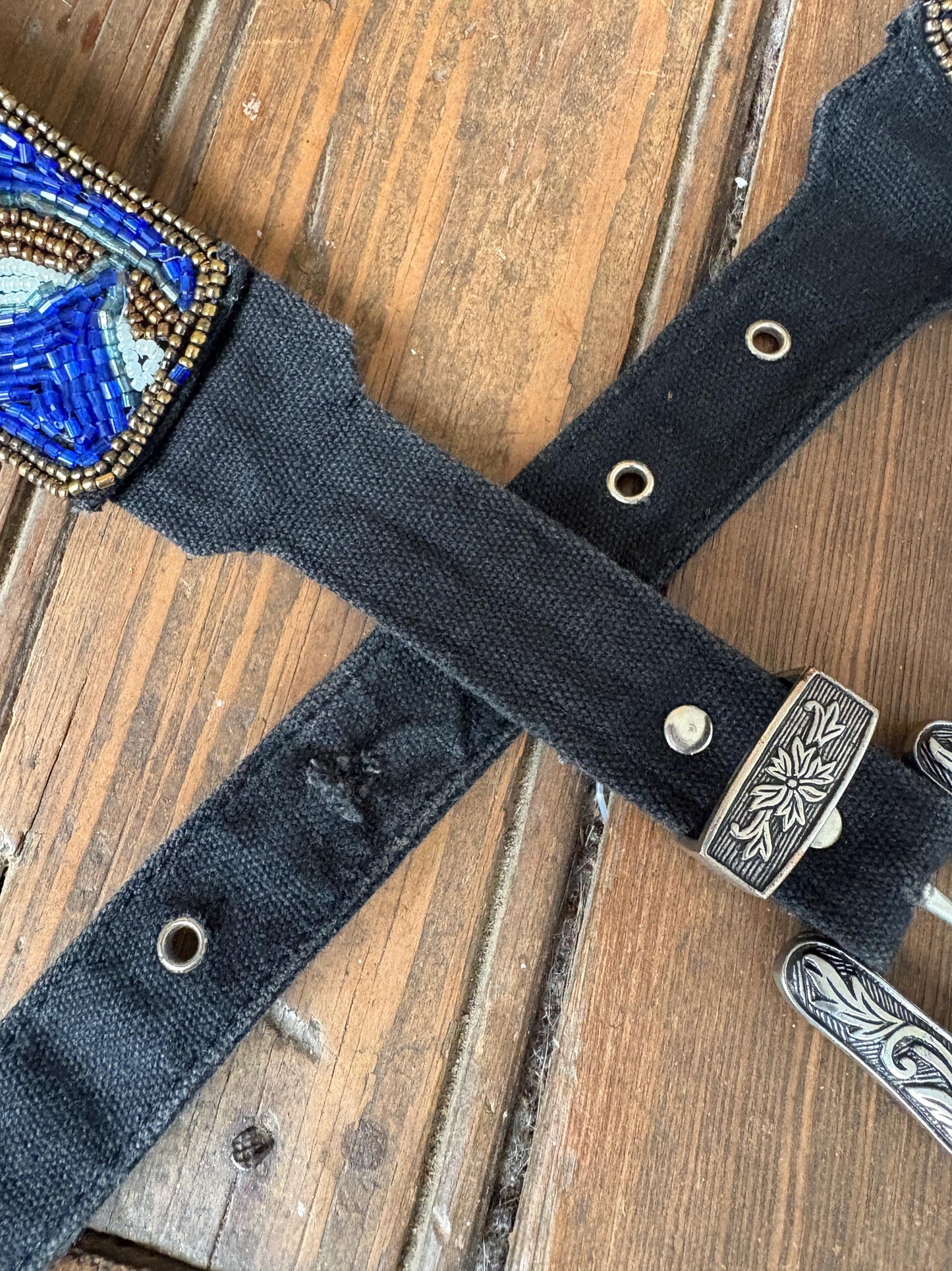Vintage Beaded Western Belt – Lola Casa de Munt – Blue Floral Embroidery – Silver Buckle – Boho Statement Piece – Unique & Stylish