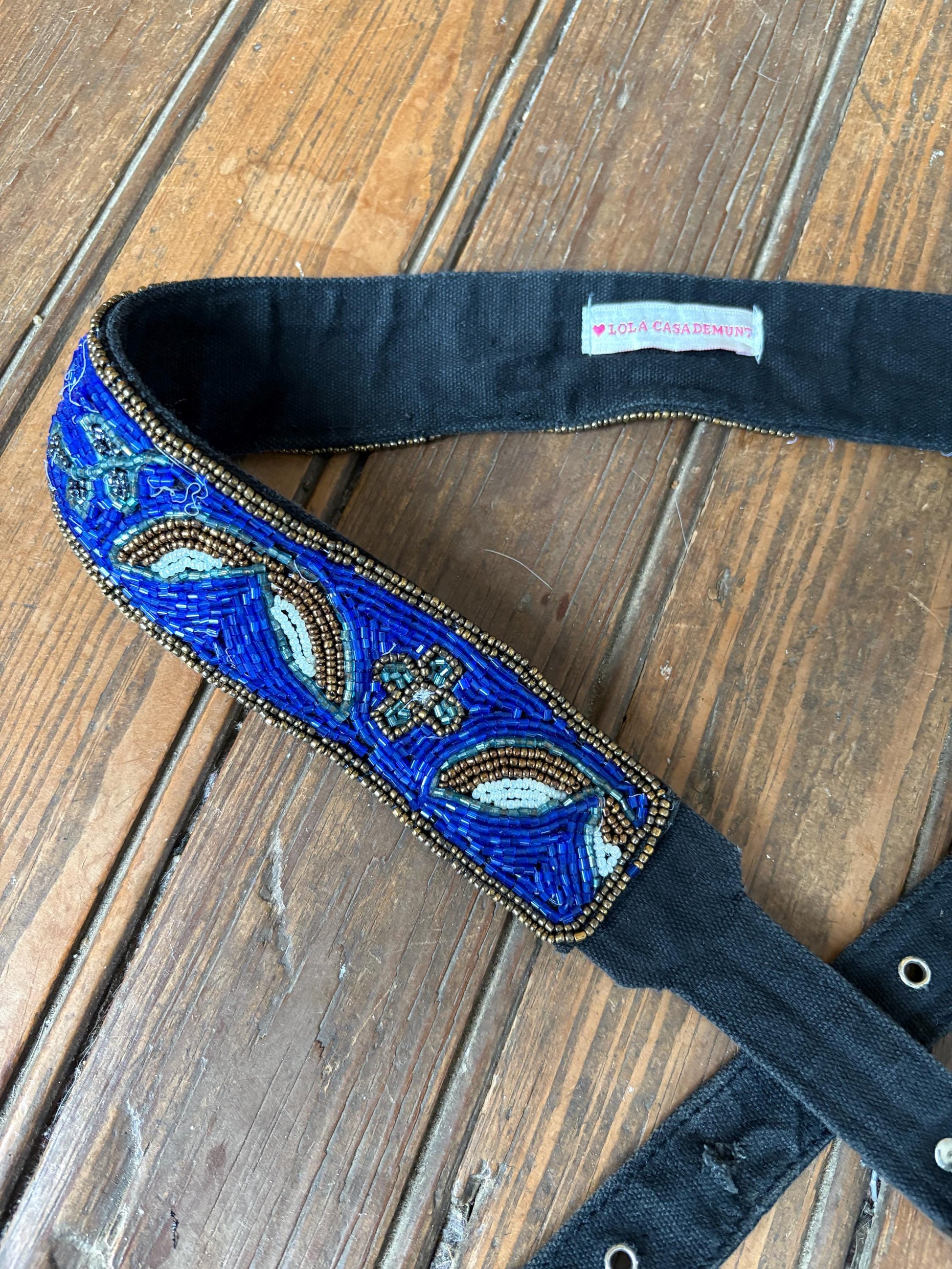 Vintage Beaded Western Belt – Lola Casa de Munt – Blue Floral Embroidery – Silver Buckle – Boho Statement Piece – Unique & Stylish