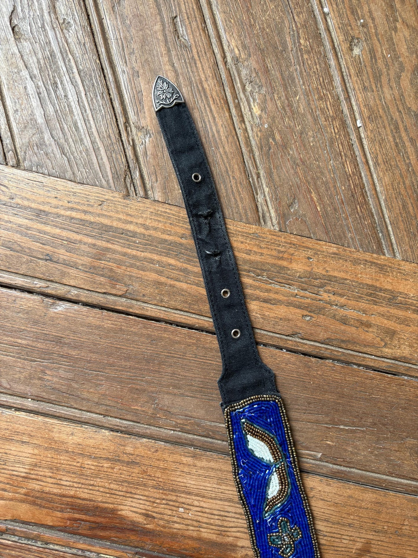 Vintage Beaded Western Belt – Lola Casa de Munt – Blue Floral Embroidery – Silver Buckle – Boho Statement Piece – Unique & Stylish