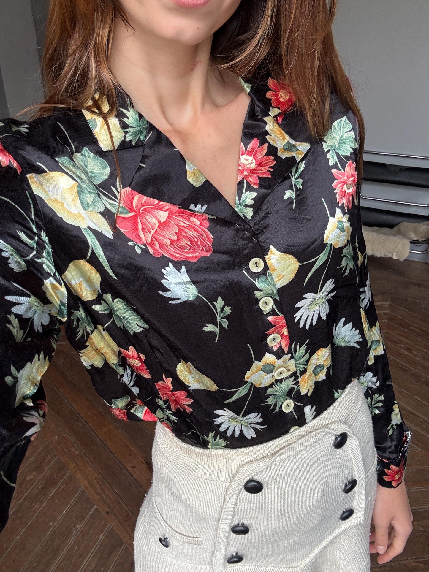 Vintage black flower top, Retro floral print woman blouse, 60s flower top, Long sleeve colourful feminine summer clothing