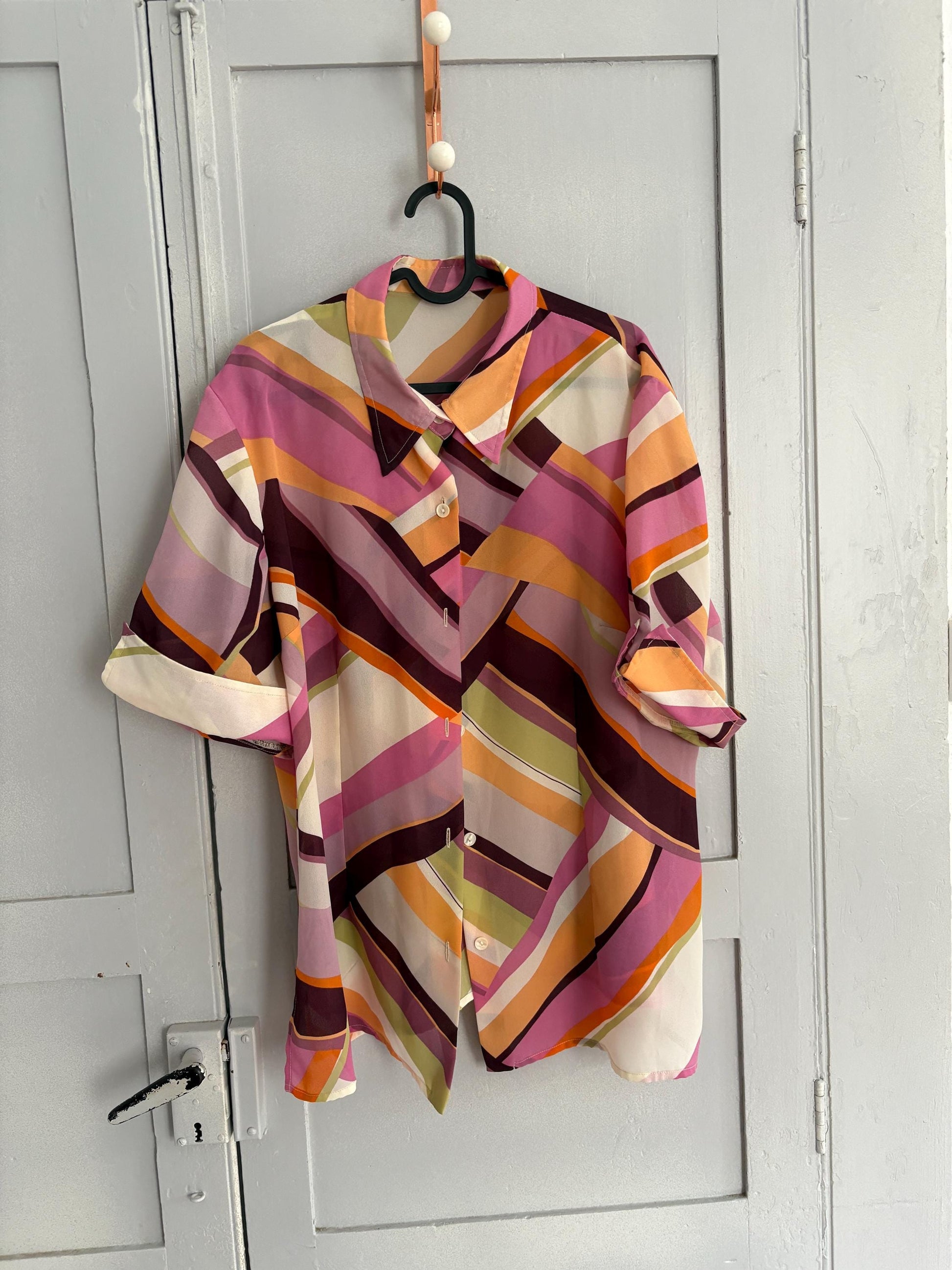 Vintage Colourful pink Shirt, Abstract feast of colours Print Button Up, Short Sleeve Summer Shirt, Unisex Relaxed Fit,