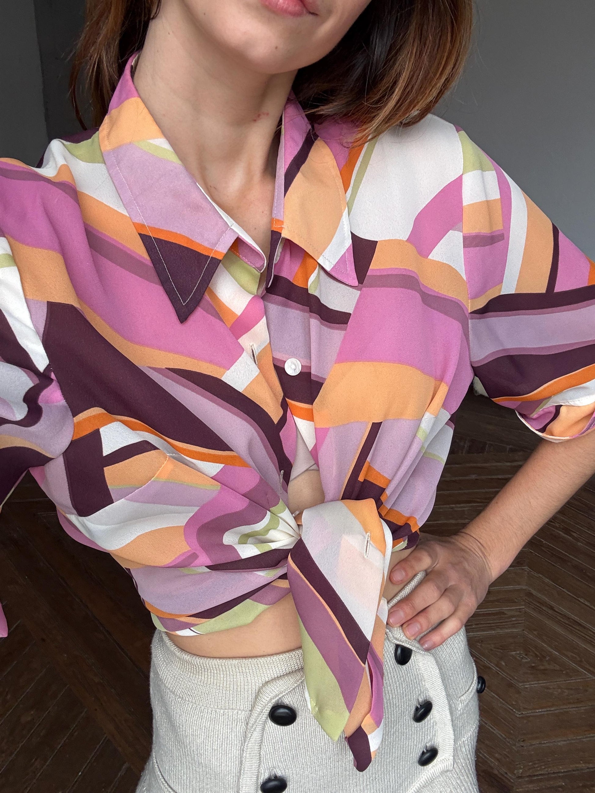 Vintage Colourful pink Shirt, Abstract feast of colours Print Button Up, Short Sleeve Summer Shirt, Unisex Relaxed Fit,